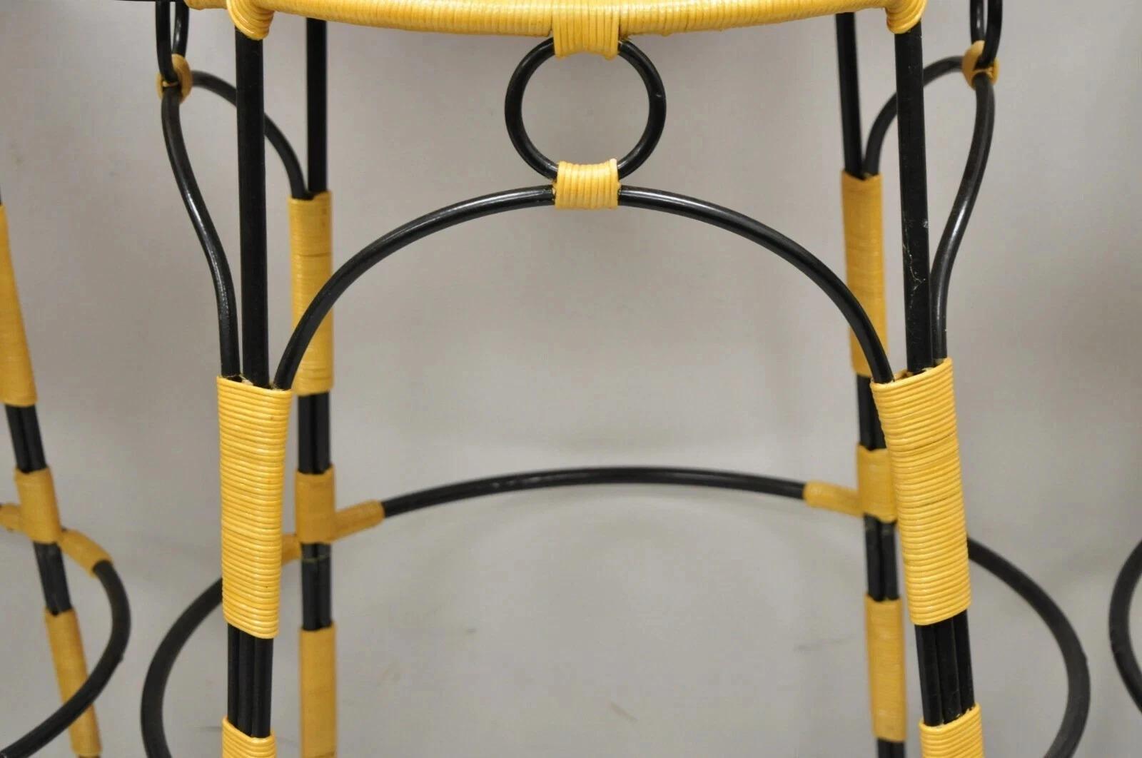 French Country Wrought Iron Woven Vinyl Rattan Bar Stools With Arms - Set of 4 For Sale 5