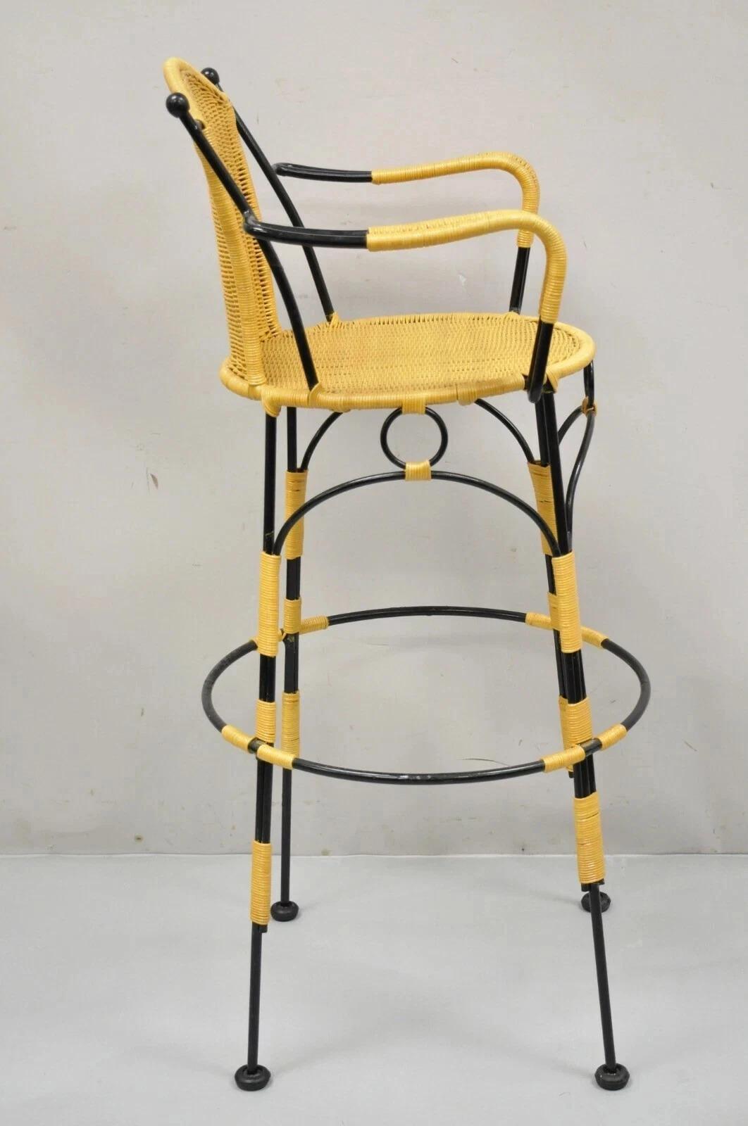 French Country Wrought Iron Woven Vinyl Rattan Bar Stools With Arms - Set of 4 For Sale 6