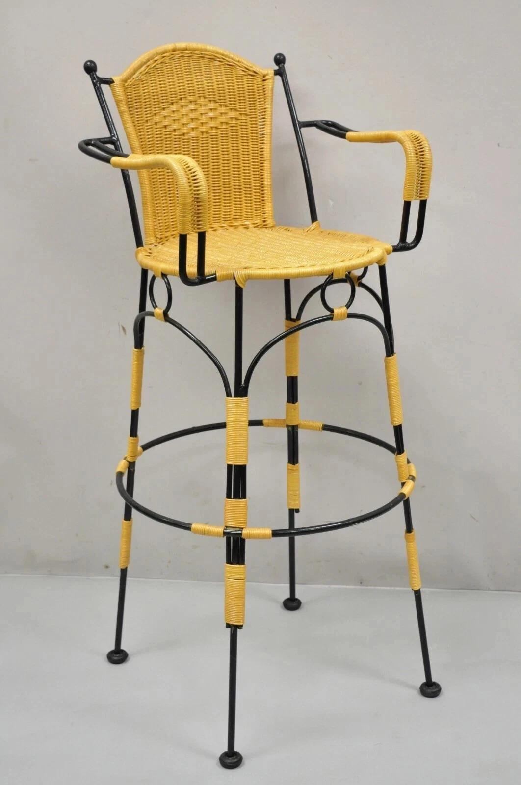 Please message us with your zip code to request a more reasonable domestic U.S. shipping quote.

French Country Style Wrought Iron and Woven Vinyl Rattan Bar Stools With Arms - Set of 4. Item features woven vinyl rattan wrapped frames, wrought iron