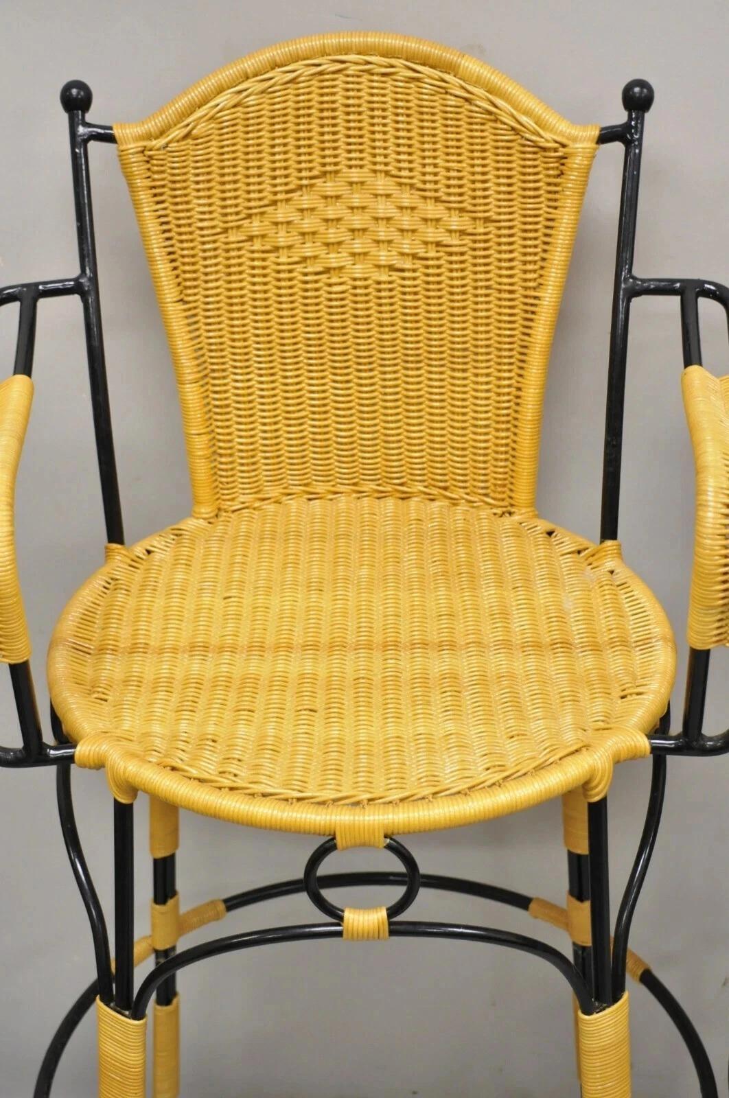 20th Century French Country Wrought Iron Woven Vinyl Rattan Bar Stools With Arms - Set of 4 For Sale