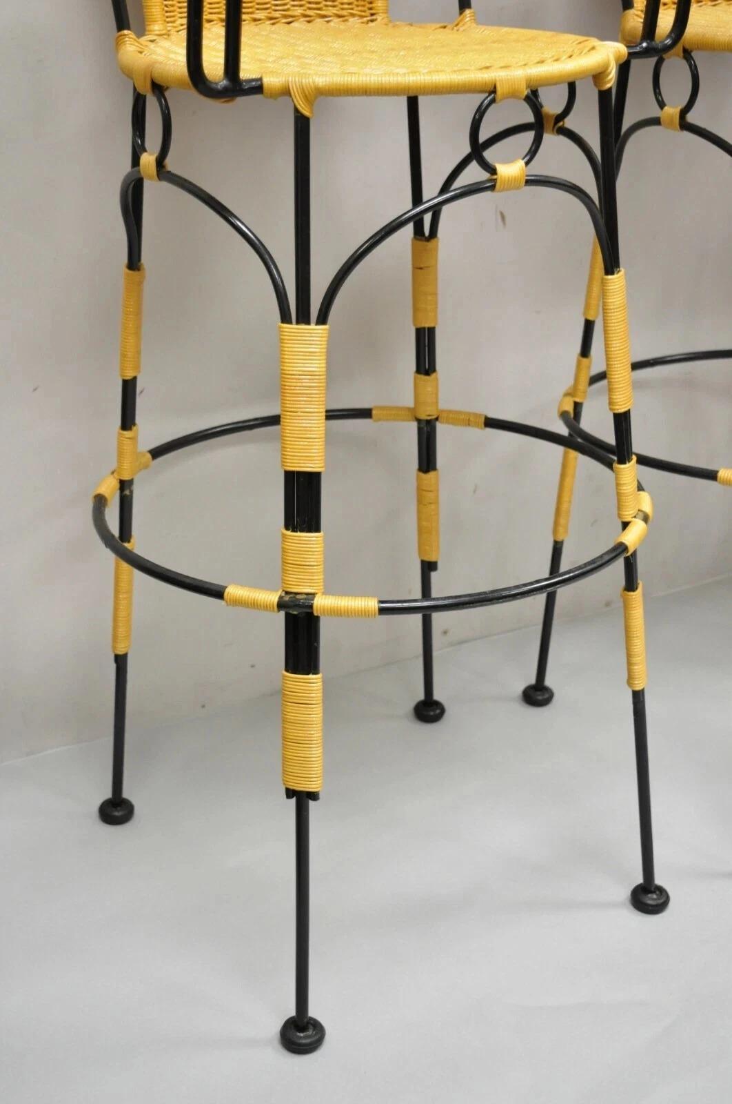 French Country Wrought Iron Woven Vinyl Rattan Bar Stools With Arms - Set of 4 For Sale 2