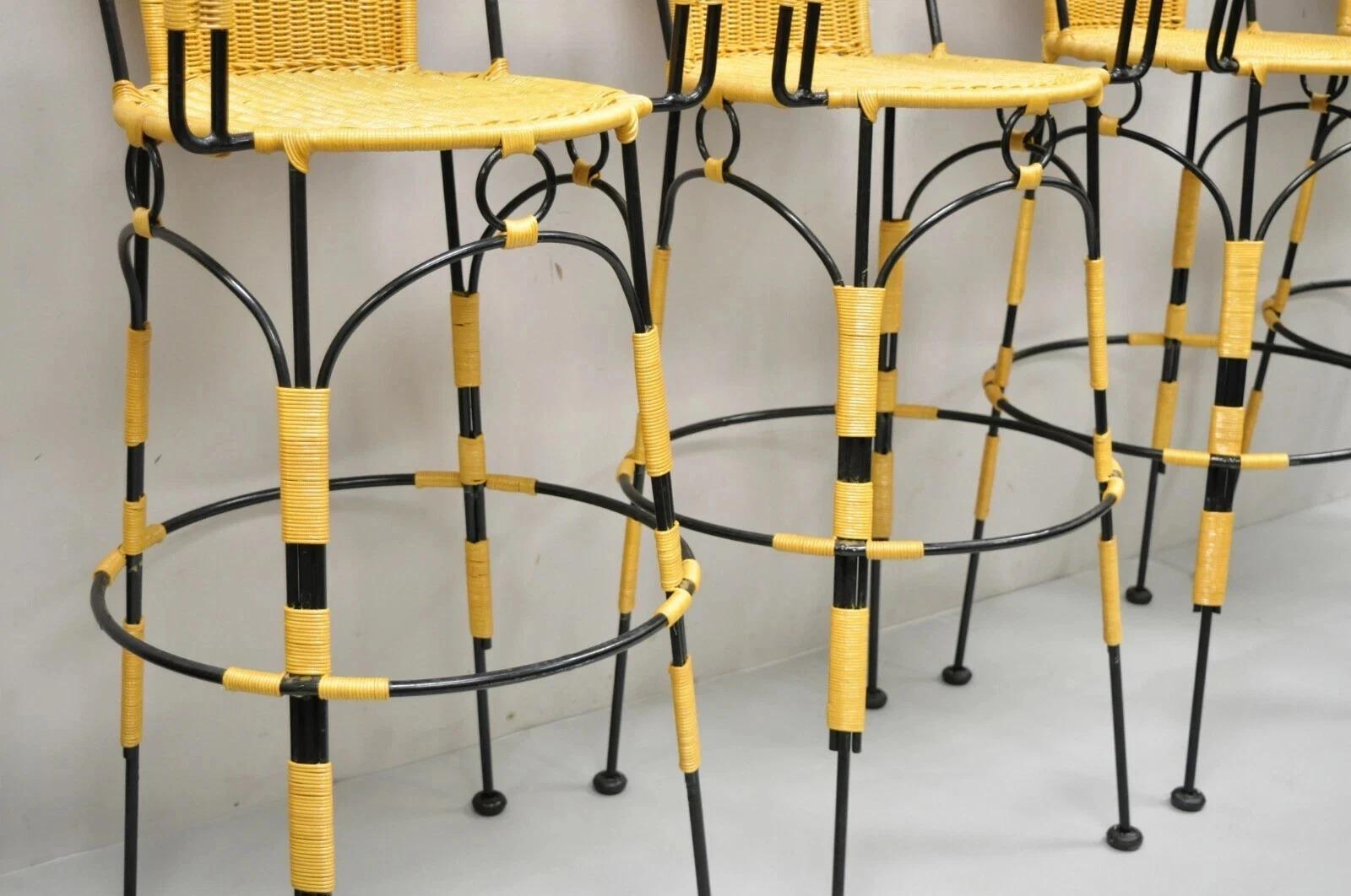 French Country Wrought Iron Woven Vinyl Rattan Bar Stools With Arms - Set of 4 For Sale 3