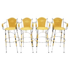 French Country Wrought Iron Woven Vinyl Rattan Bar Stools With Arms - Set of 4