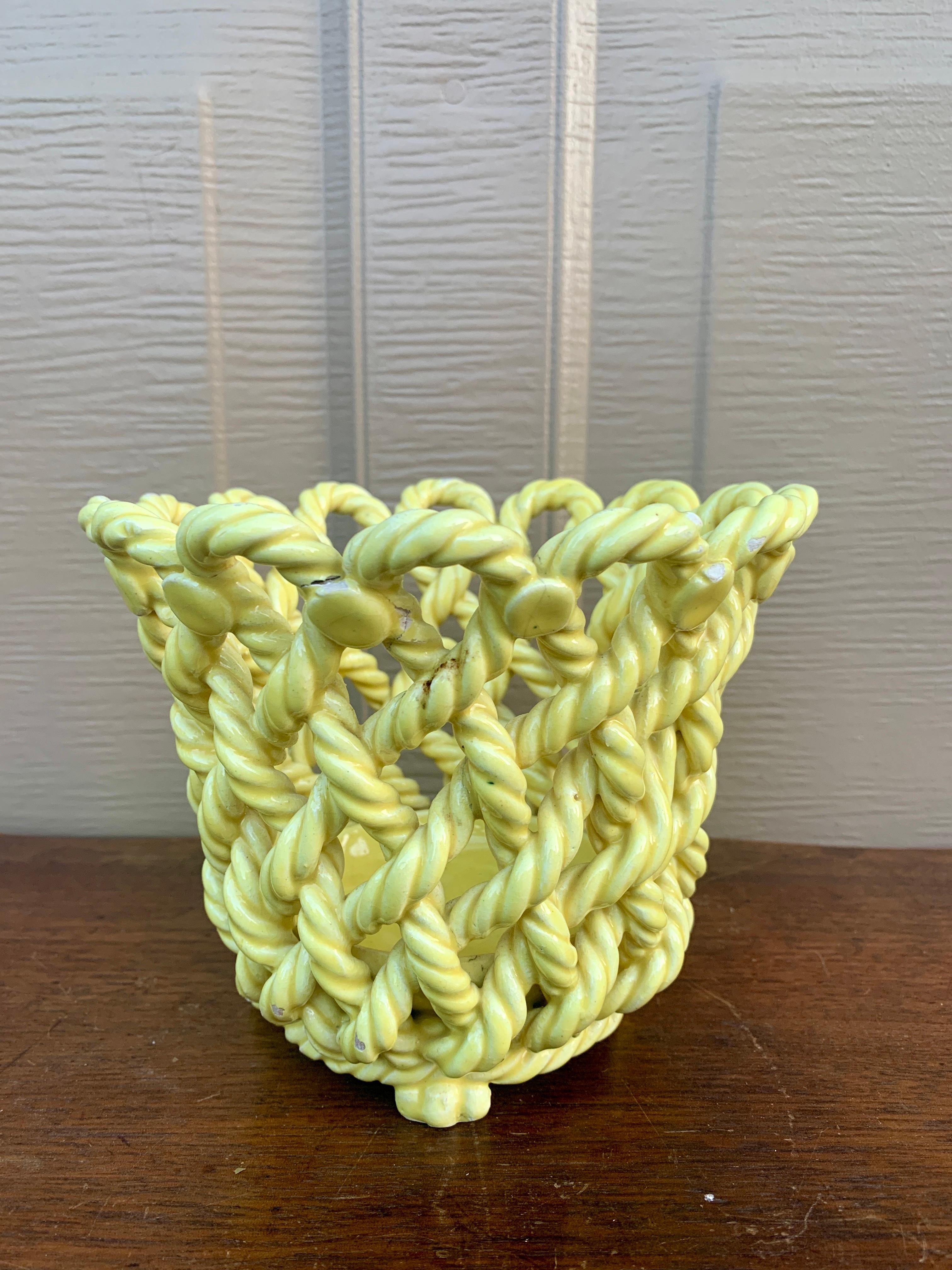 French Country Yellow Ceramic Woven Rope Cachepot Basket For Sale 4