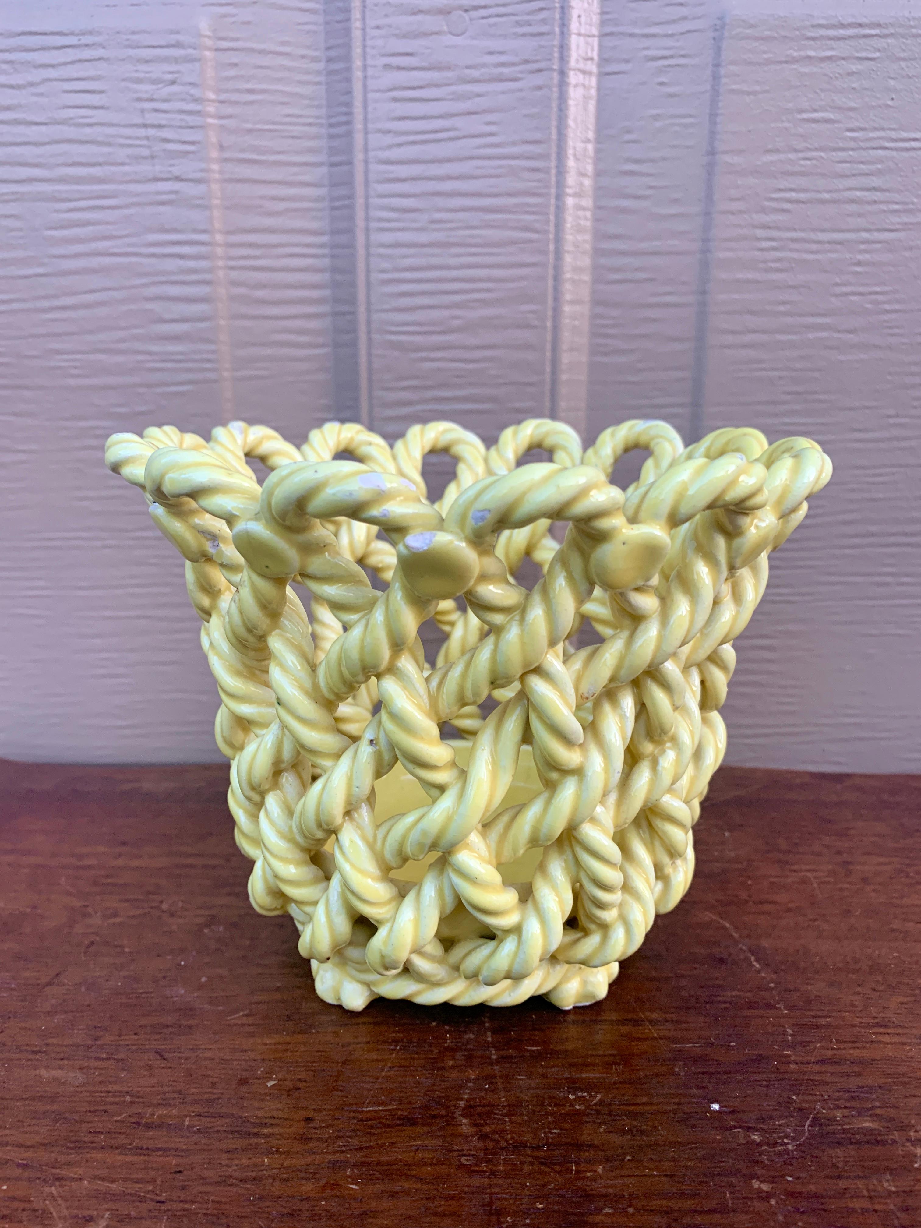 French Country Yellow Ceramic Woven Rope Cachepot Basket For Sale 5