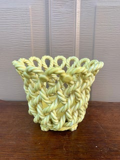 Cesta Cachepot Amarilla de Cerámica Tejida con Cuerda, País Francés