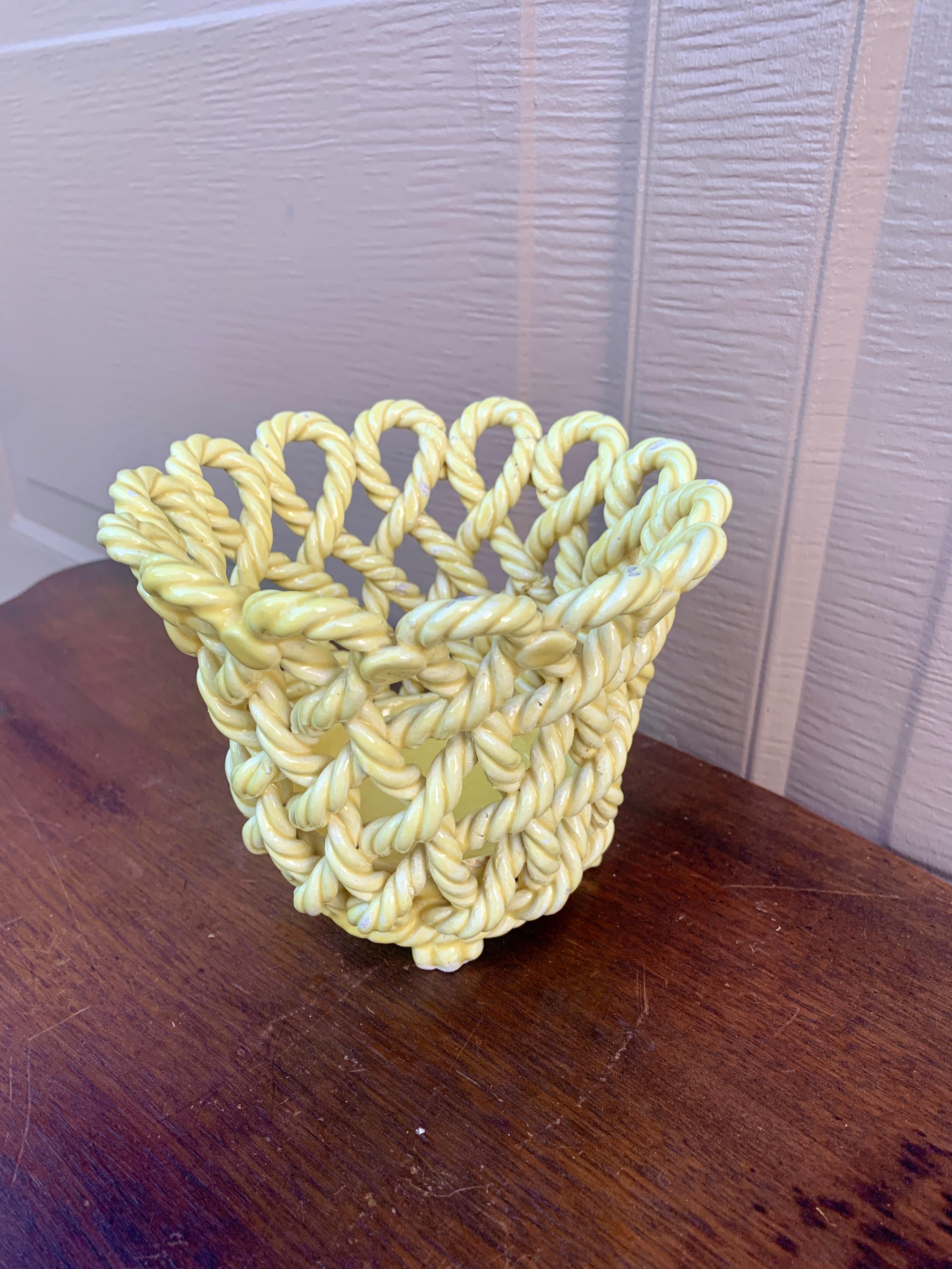 French Provincial French Country Yellow Ceramic Woven Rope Cachepot Basket For Sale