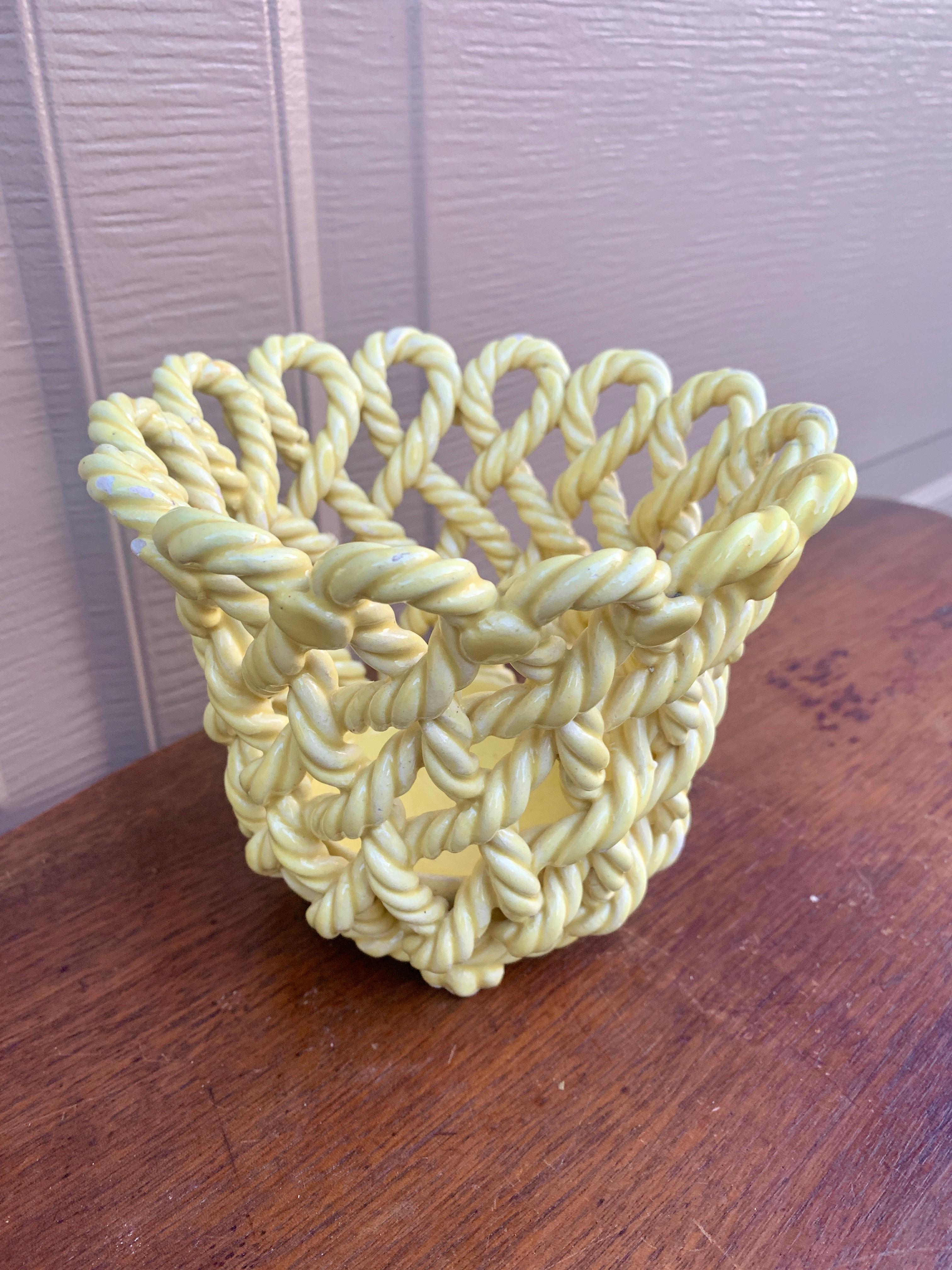 Spanish French Country Yellow Ceramic Woven Rope Cachepot Basket For Sale