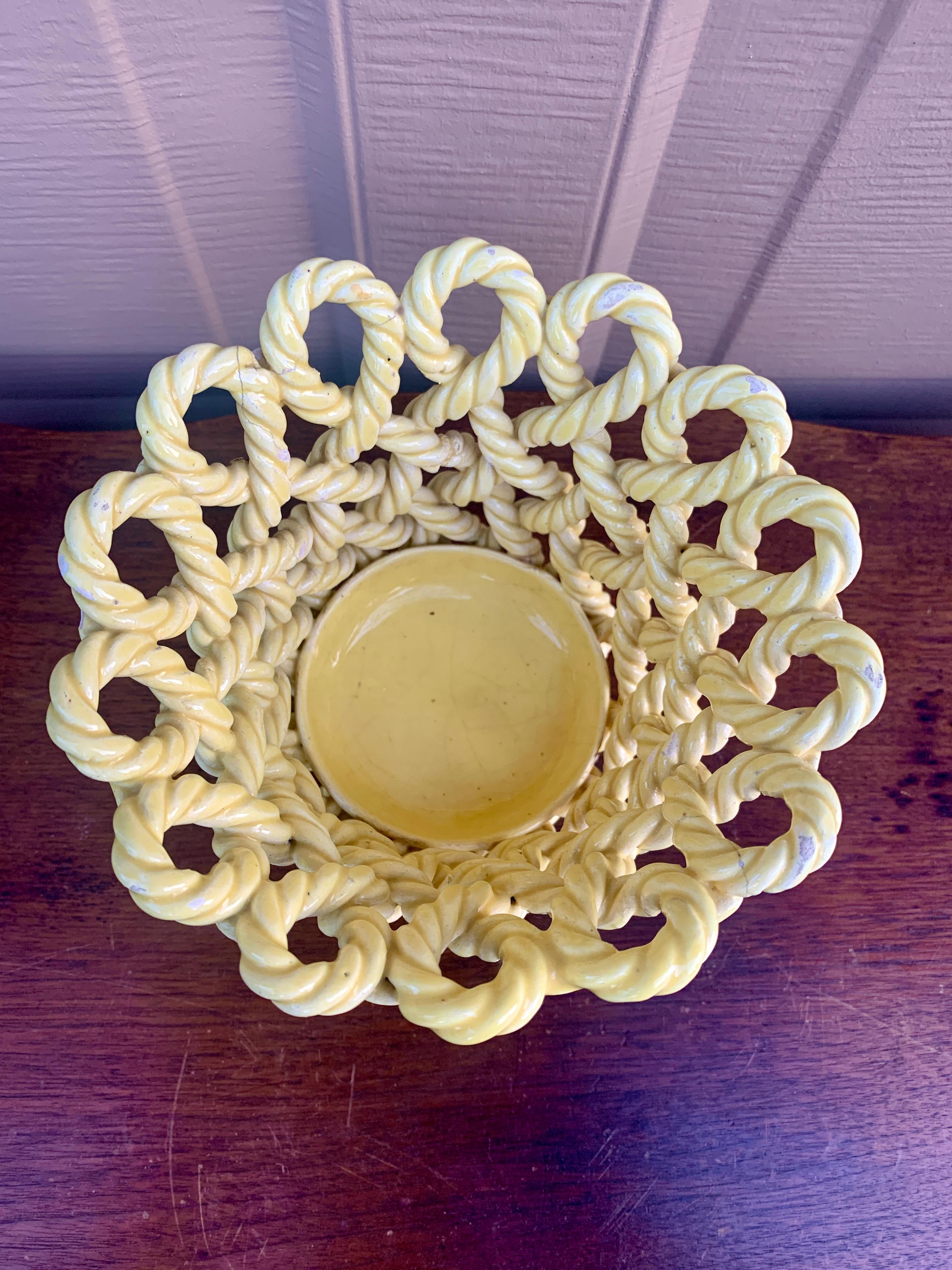 French Country Yellow Ceramic Woven Rope Cachepot Basket In Good Condition For Sale In Elkhart, IN