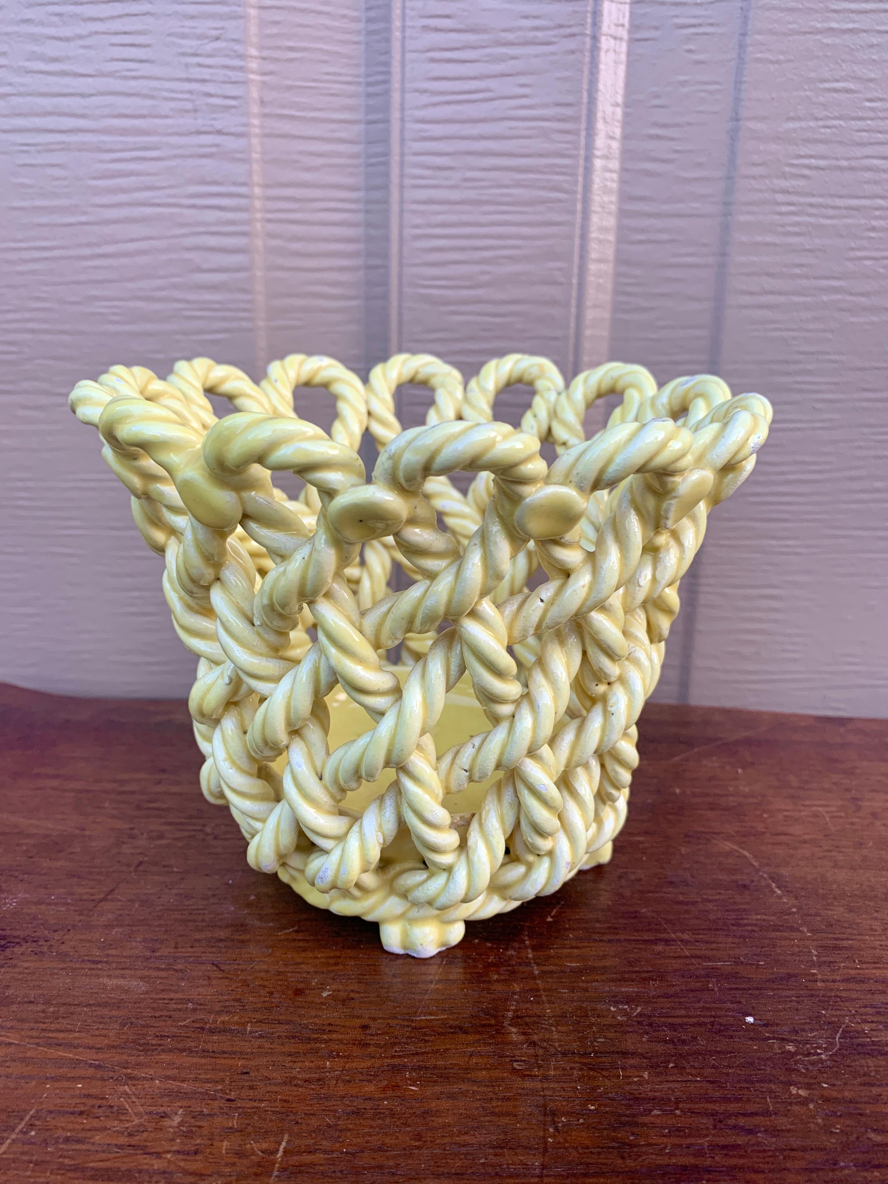 Late 20th Century French Country Yellow Ceramic Woven Rope Cachepot Basket For Sale
