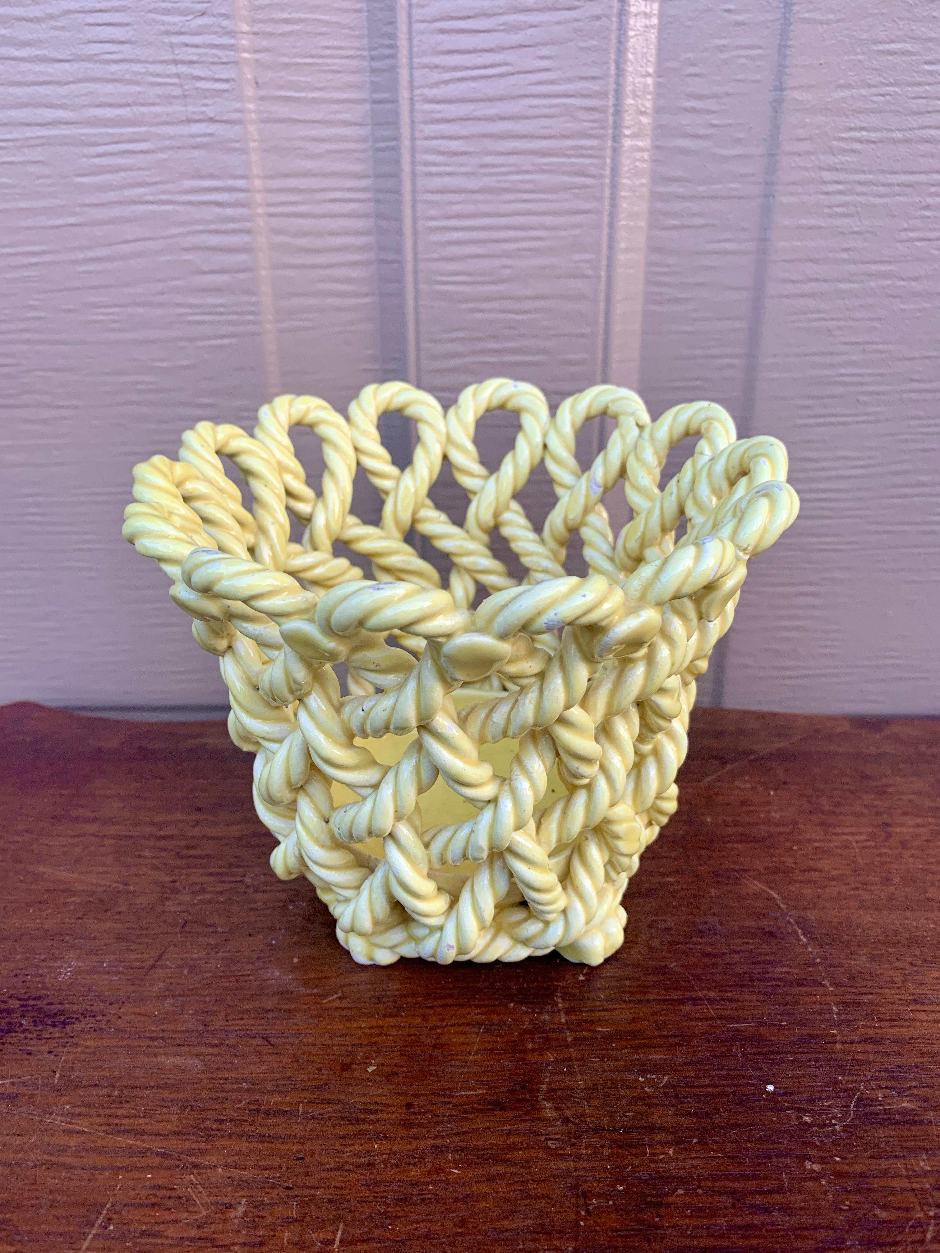 French Country Yellow Ceramic Woven Rope Cachepot Basket For Sale 1