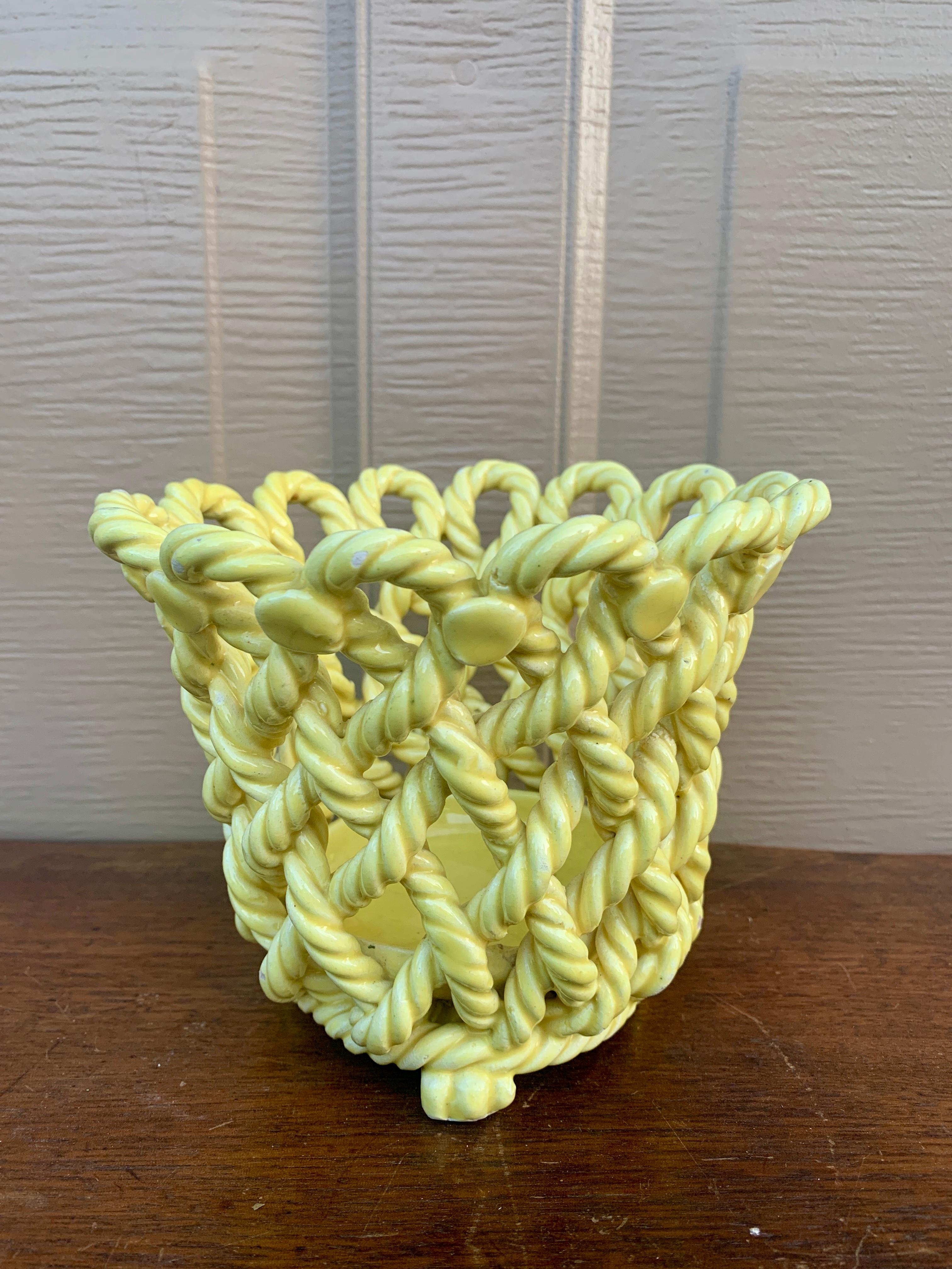 French Country Yellow Ceramic Woven Rope Cachepot Basket For Sale 2