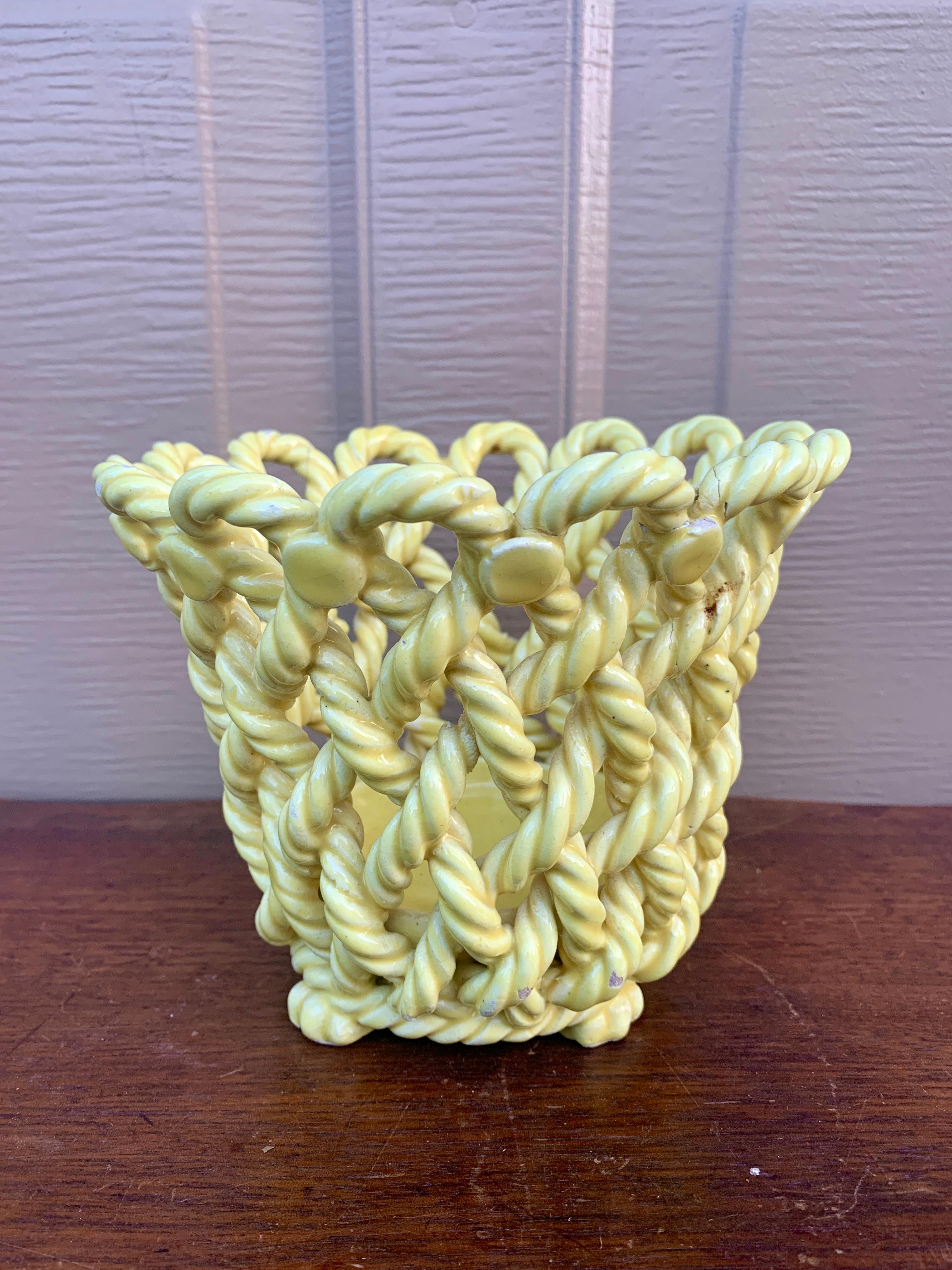 French Country Yellow Ceramic Woven Rope Cachepot Basket For Sale 3
