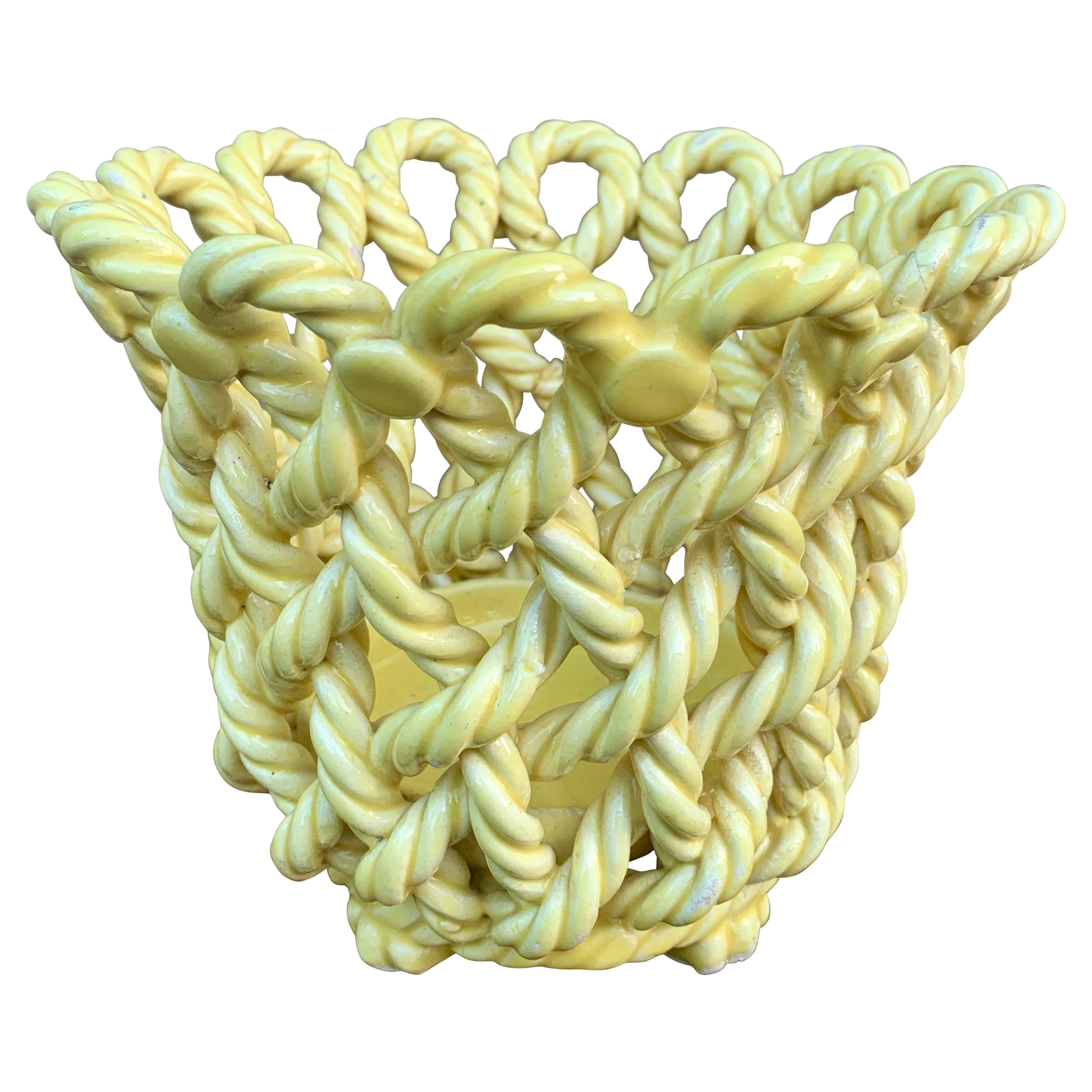 Cesta Cachepot Amarilla de Cerámica Tejida con Cuerda, País Francés
