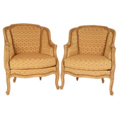 Used French Country Yellow Gold Upholstered Bergere Chairs Cabriole Legs a pair