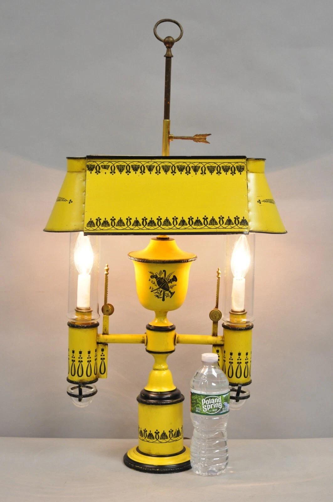 Vintage French Country Yellow Painted Italian Tole Metal Double Candlestick Bouilotte Table Lamp with Glass Accents. Circa Mid 20th Century. Measurements: 30