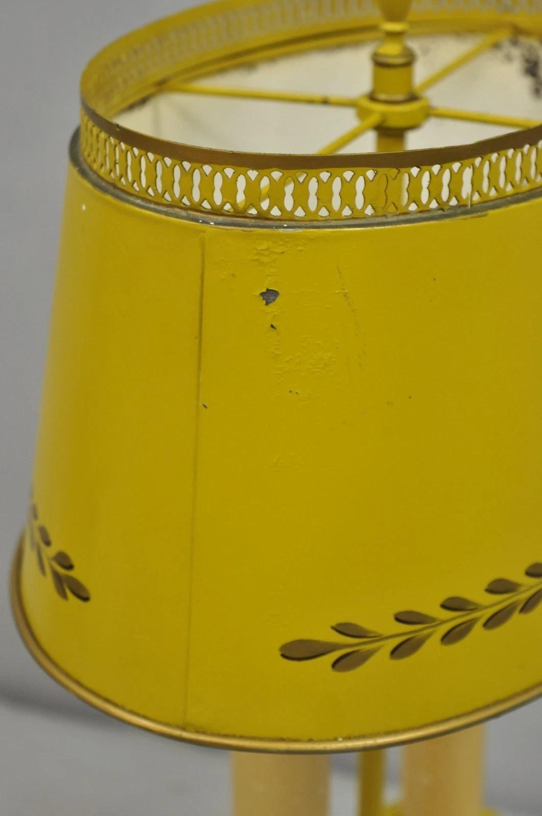 French Country Yellow Painted Tole Metal Bouillotte Candlestick Table Lamp For Sale 5