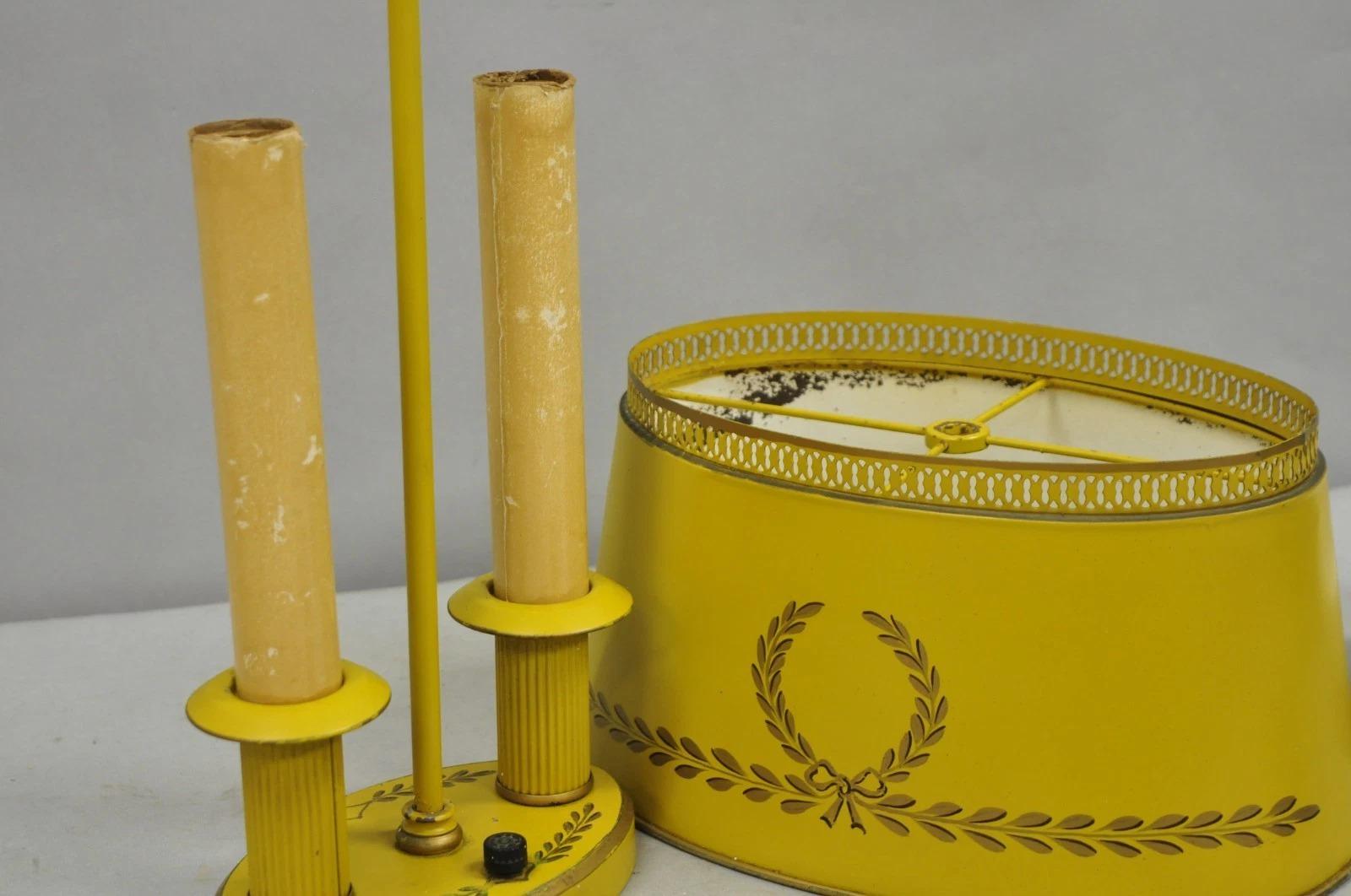 French Country Yellow Painted Tole Metal Bouillotte Candlestick Table Lamp For Sale 6