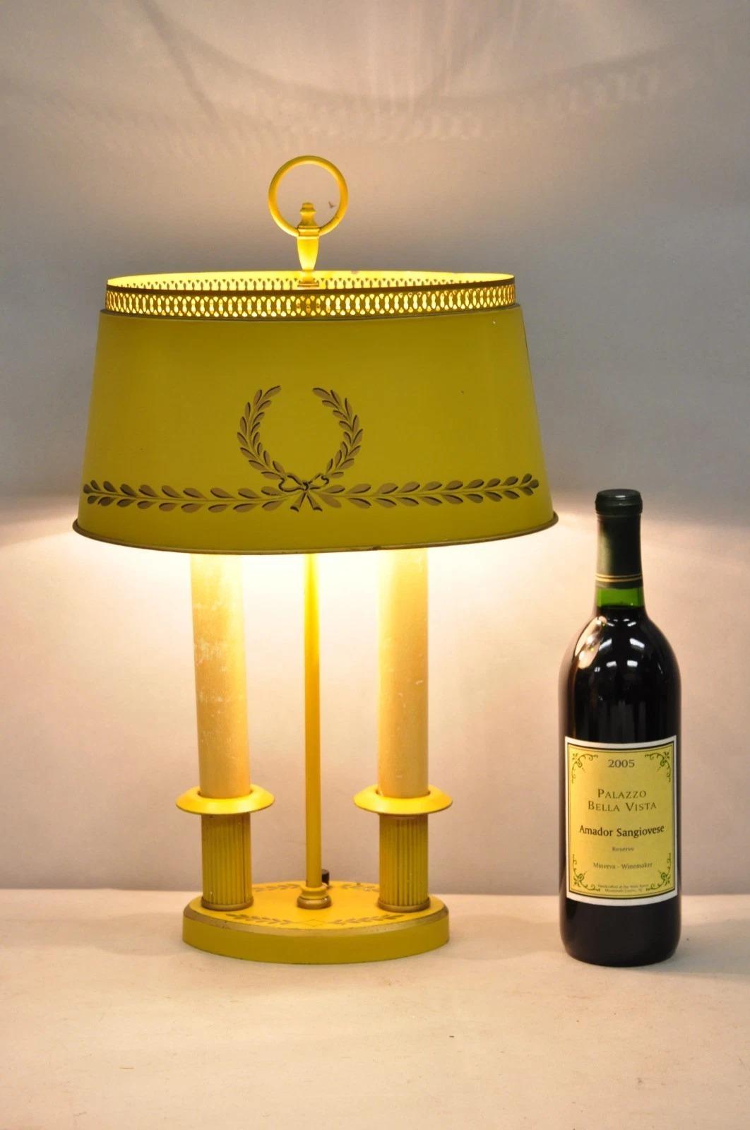 Vintage French Country Yellow Painted Tole Metal Bouillotte Candlestick Table Lamp. Circa Mid 20th Century. Measurements: 19.5