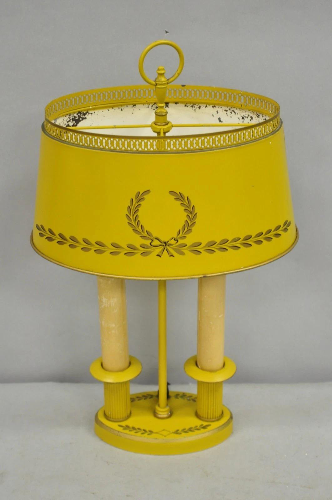 Other French Country Yellow Painted Tole Metal Bouillotte Candlestick Table Lamp For Sale