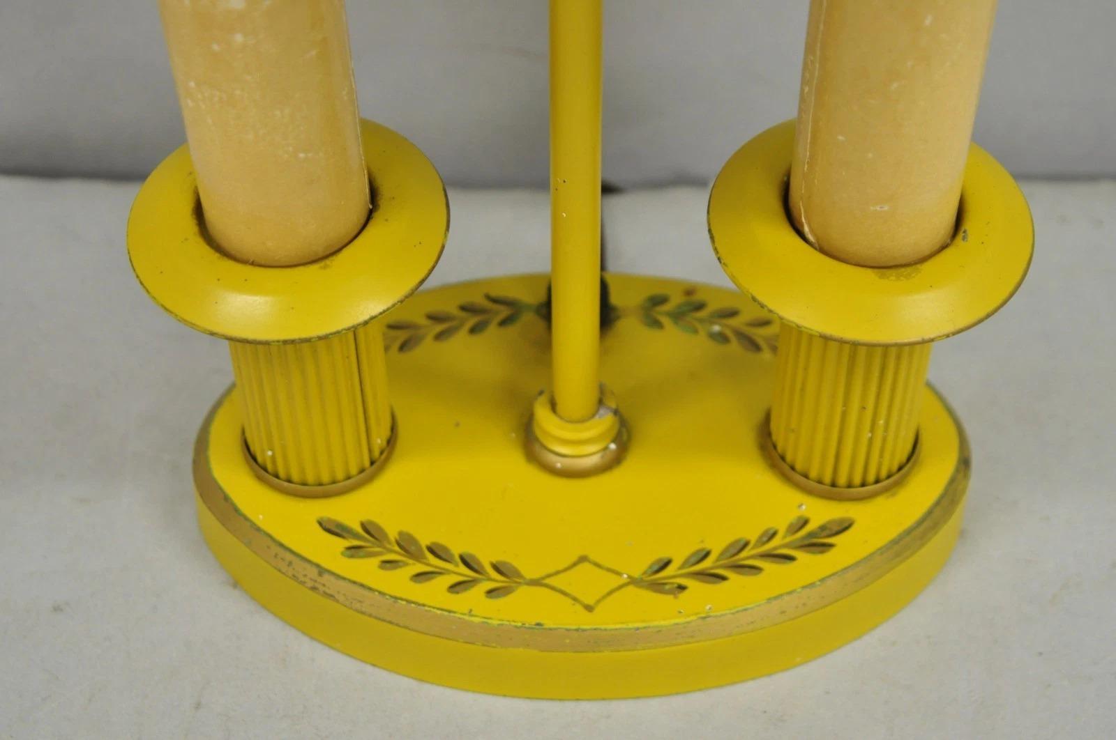 20th Century French Country Yellow Painted Tole Metal Bouillotte Candlestick Table Lamp For Sale