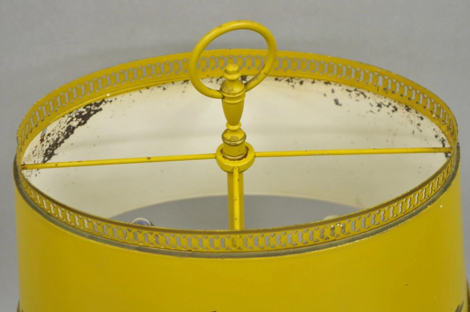 French Country Yellow Painted Tole Metal Bouillotte Candlestick Table Lamp For Sale 1