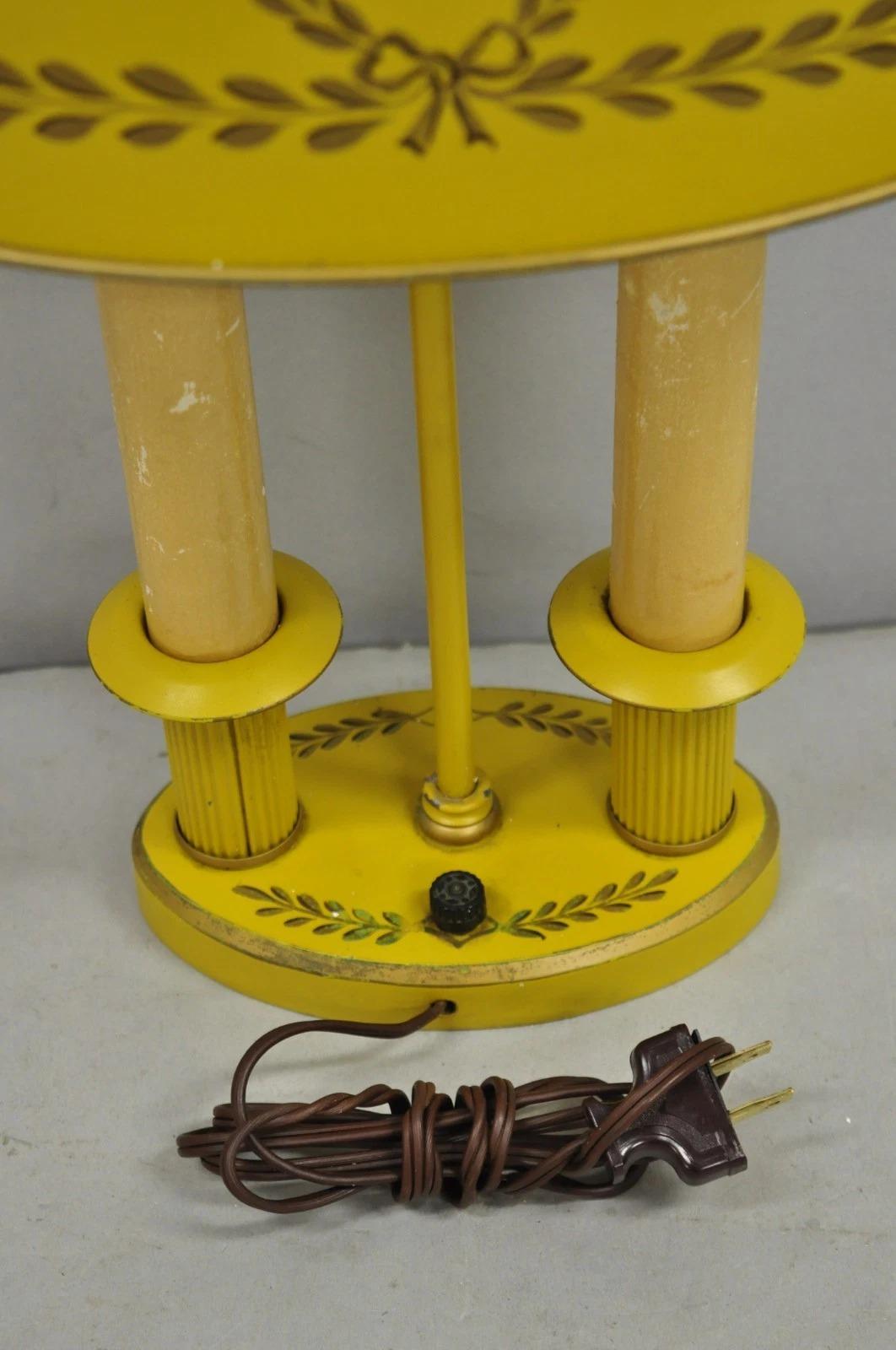 French Country Yellow Painted Tole Metal Bouillotte Candlestick Table Lamp For Sale 3