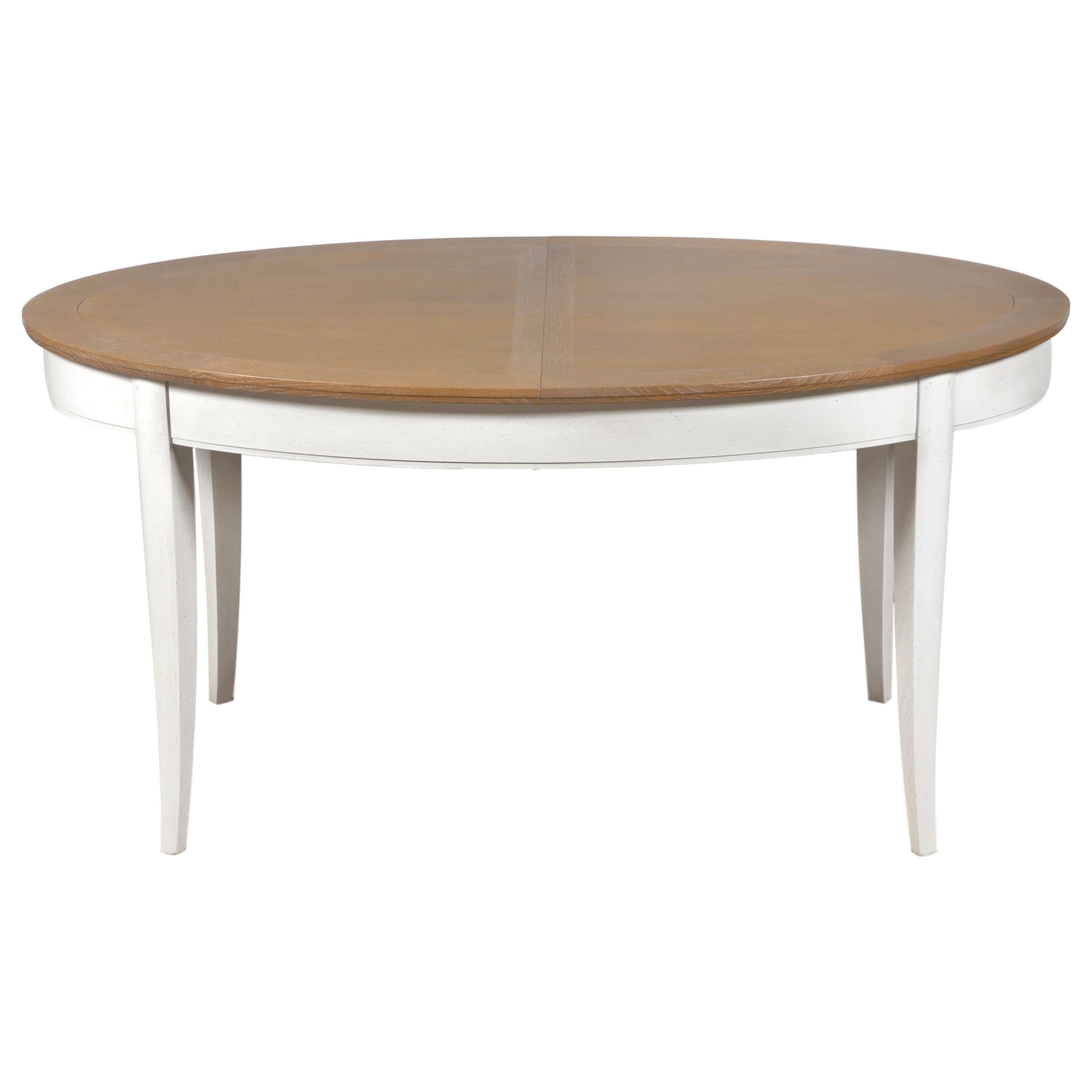 French Countryside Oak Table, 2 extensions, 10 guests, pearl-grey lacquered legs For Sale
