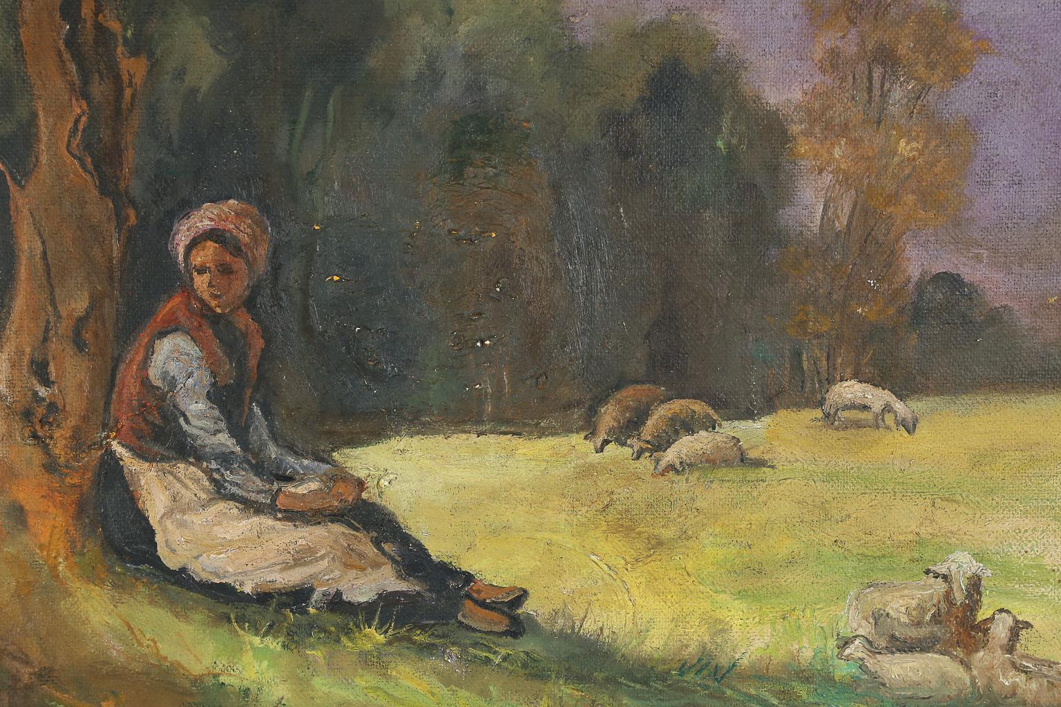 Found in France this is a beautiful painting of a woman tending sheep in the French countryside. The piece is signed and dated 1953.