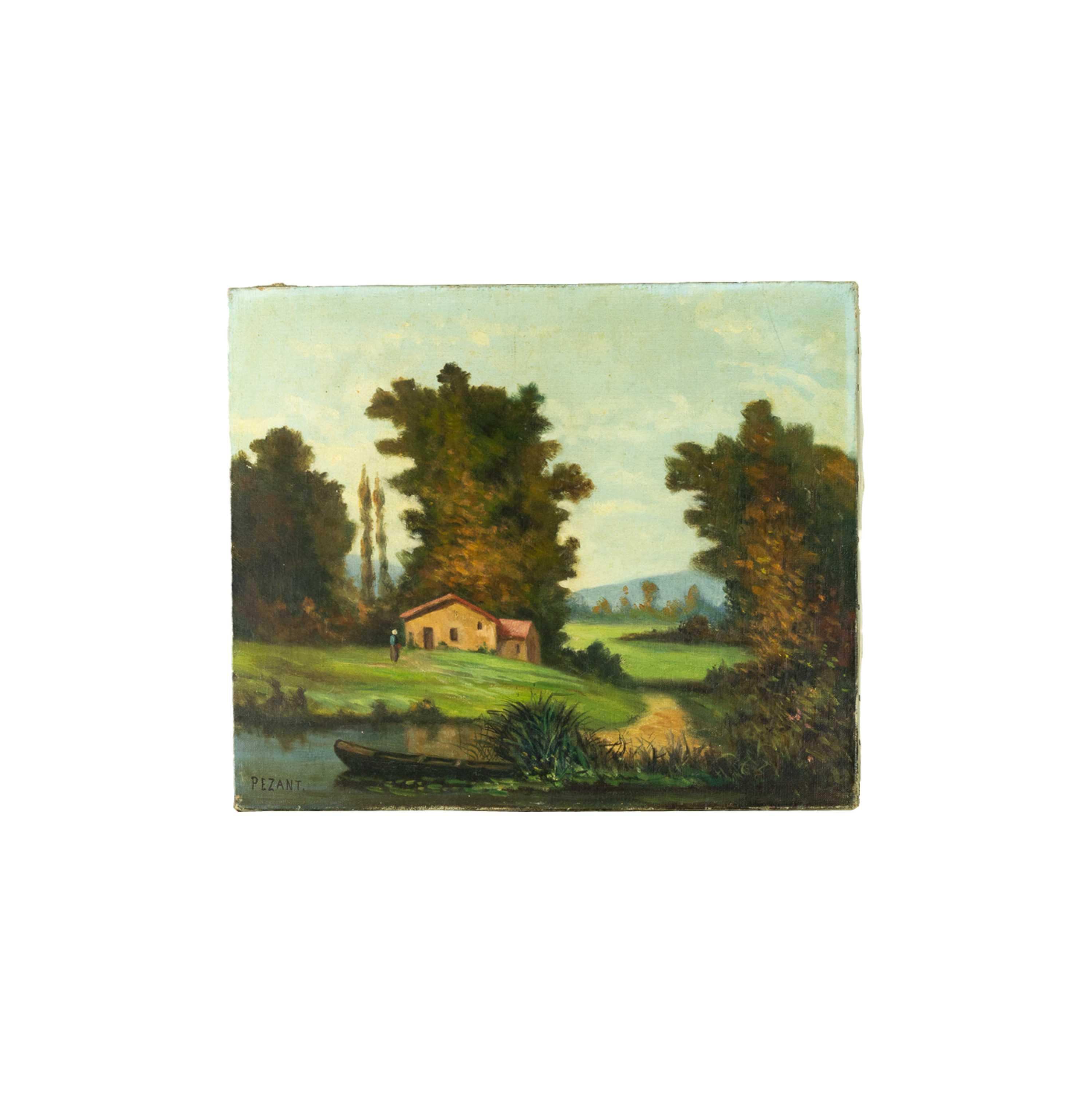 Oiled French Countryside River Painting, Early 20th Century For Sale