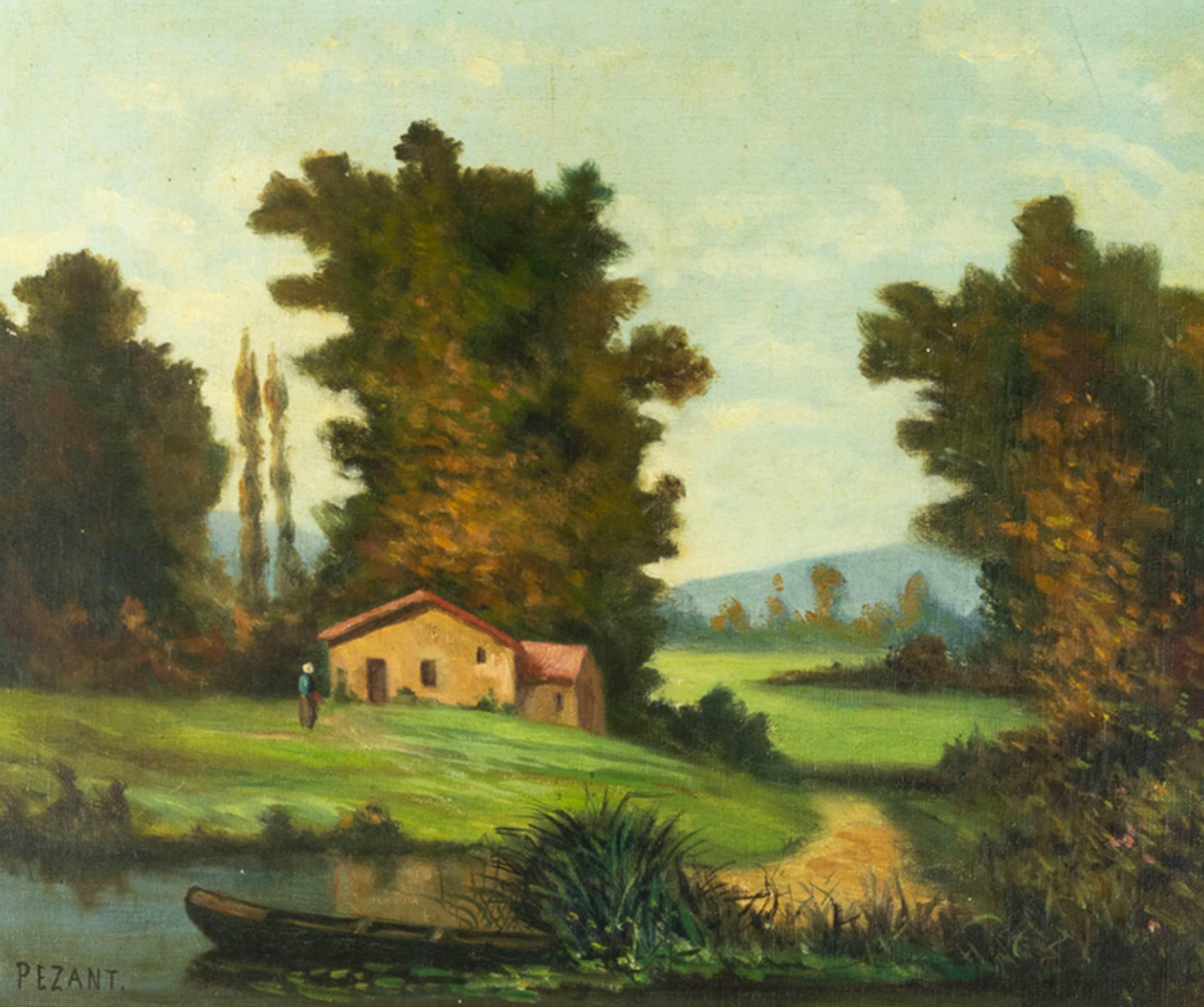 Canvas French Countryside River Painting, Early 20th Century For Sale