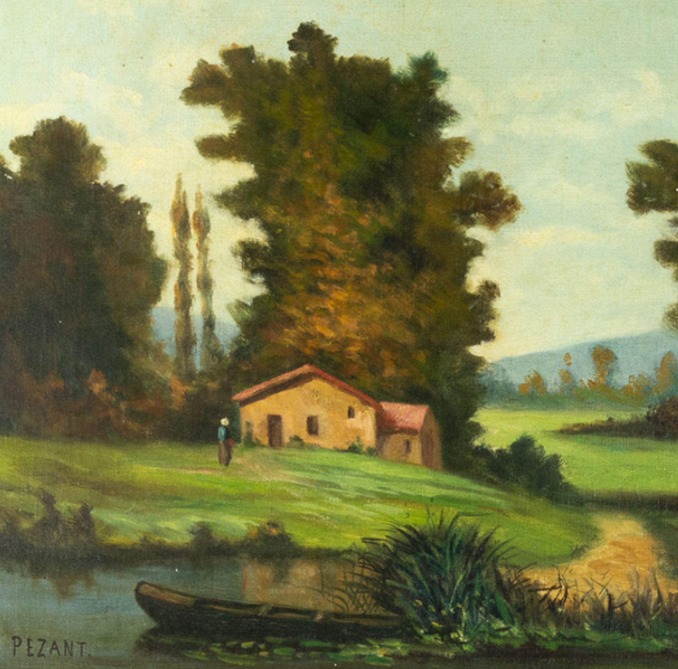 French Countryside River Painting, Early 20th Century For Sale 2
