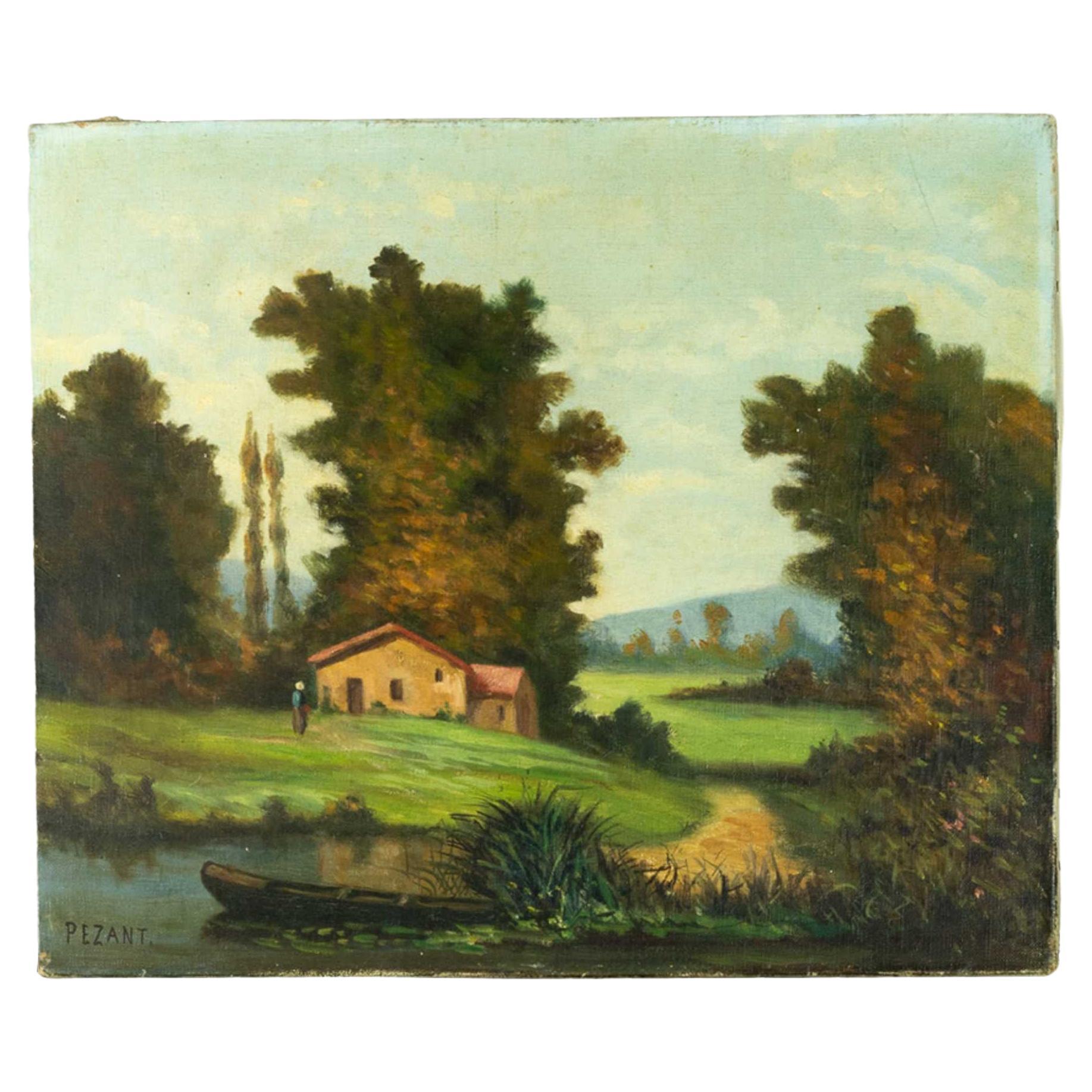 A French countryside landscape painting of a cottage by a river with a tiny boat nearby, marked 