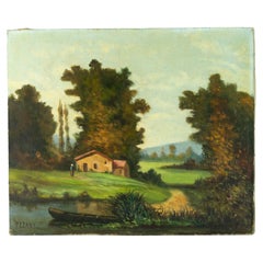 French Countryside River Painting, Early 20th Century