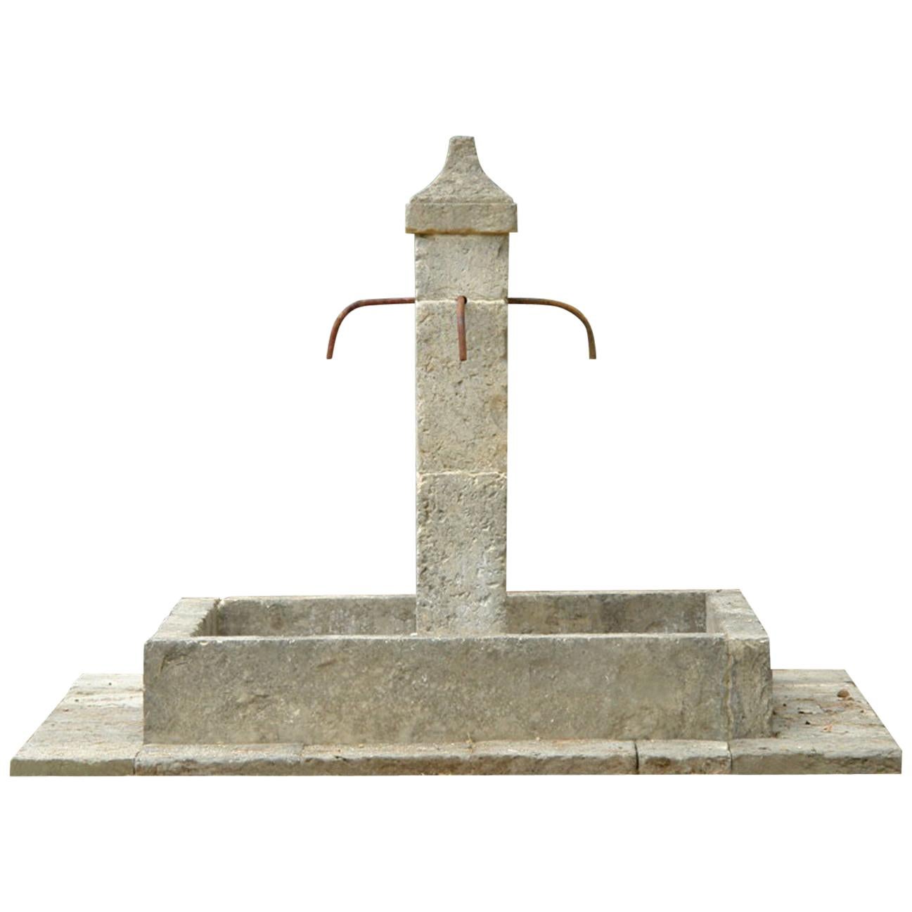 French Countryside Style Fountain Hand-Carved in Pure Limestone Antique Patina For Sale