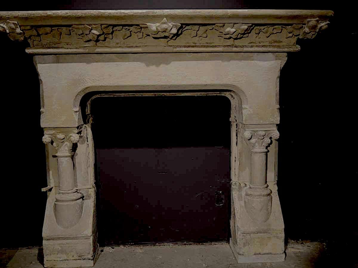 A French countryside wine style fireplace, hand-carved in pure limestone, with grapes and columns. Art quality work, ready for installation and for use as it is.
Interior firebox dimensions:
Width: 24 inches x High: 28 inches.
More info on demand.
