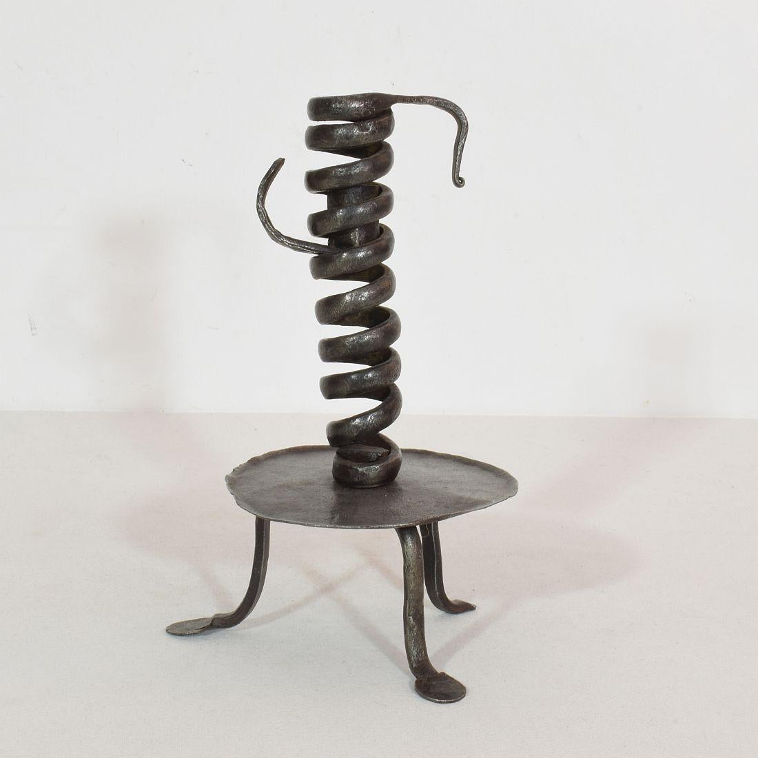 French, Couple 18th Century, Hand Forged Iron Rat De Cave Candleholders 7