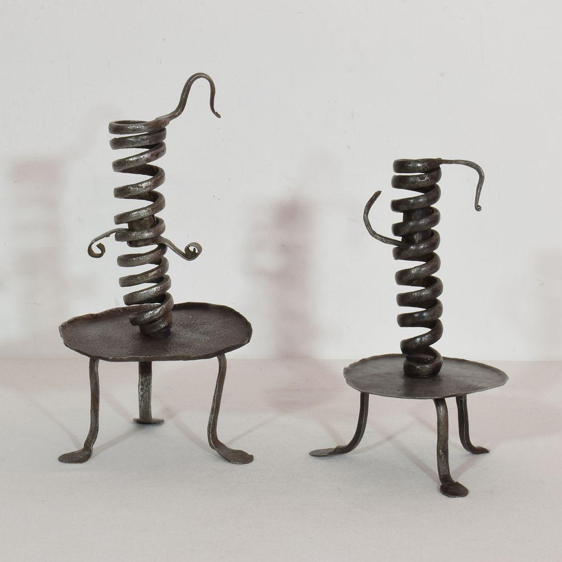 French Provincial French, Couple 18th Century, Hand Forged Iron Rat De Cave Candleholders
