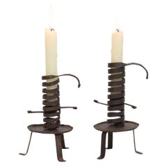French, Couple early 20th Century,  Forged Iron Rat De Cave Candleholders