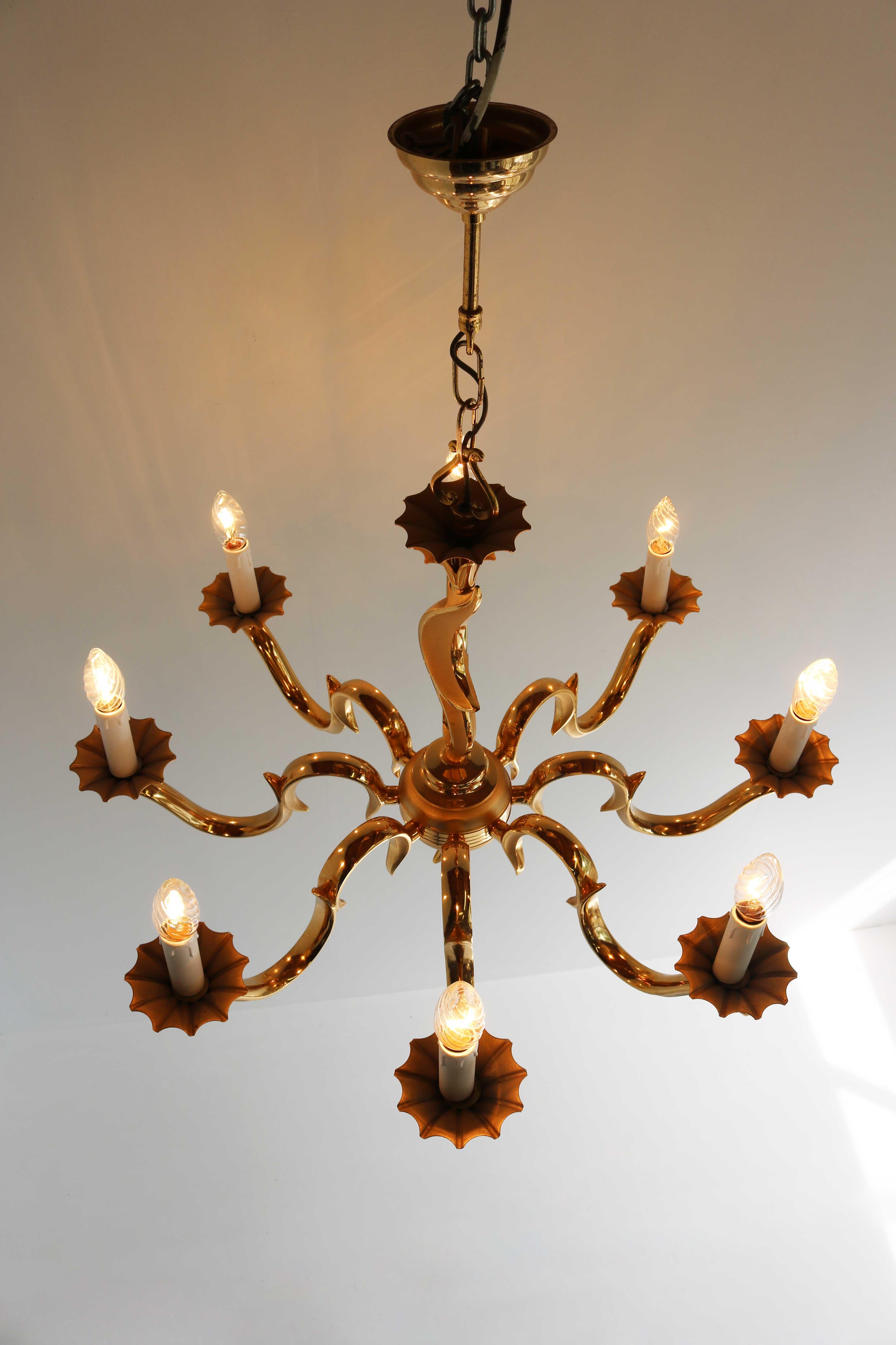 French Couple / Set Golden Chandeliers Hollywood Regency Style Metal/ Brass 1970 For Sale 6