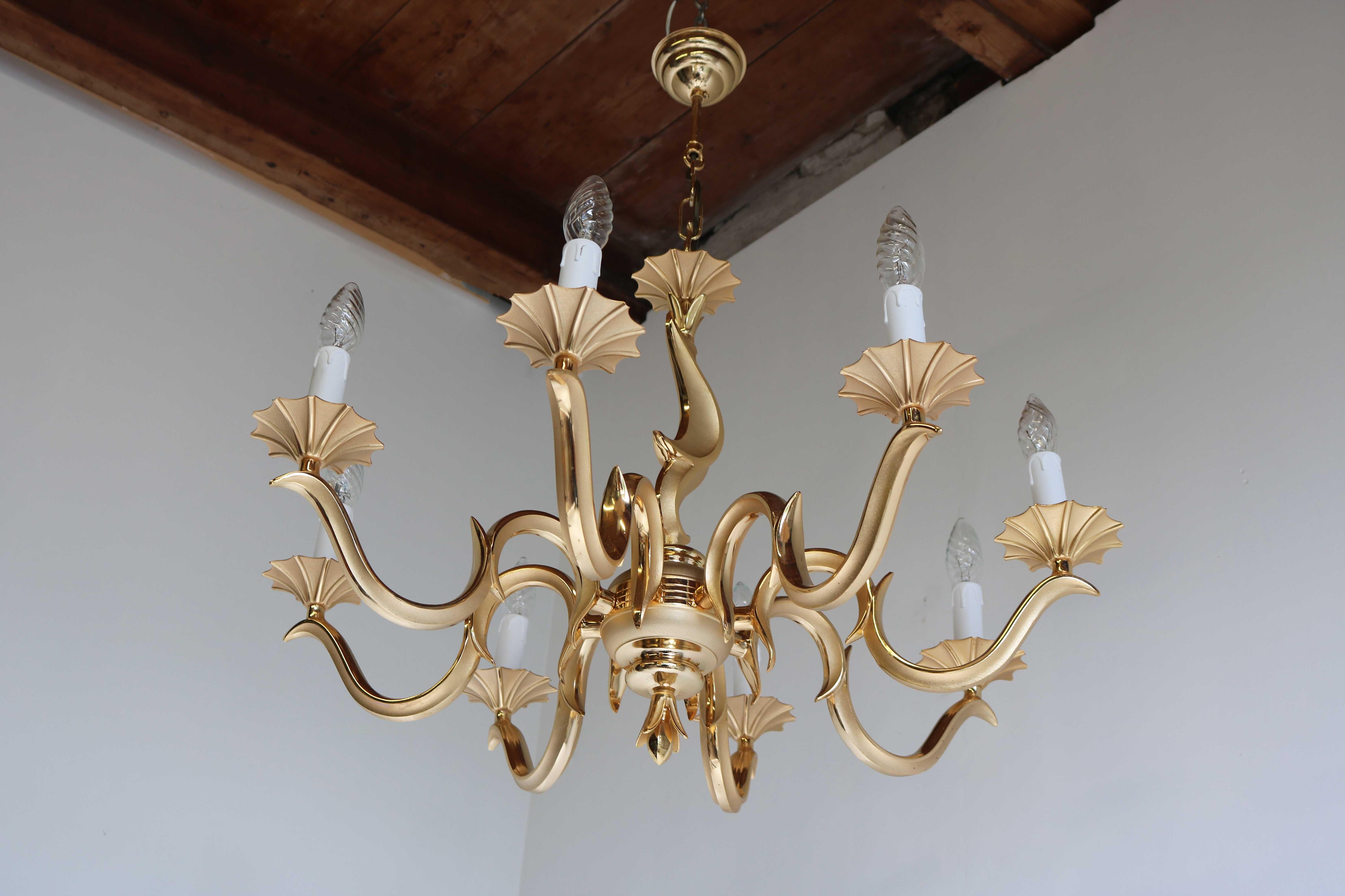 French Couple / Set Golden Chandeliers Hollywood Regency Style Metal/ Brass 1970 For Sale 7