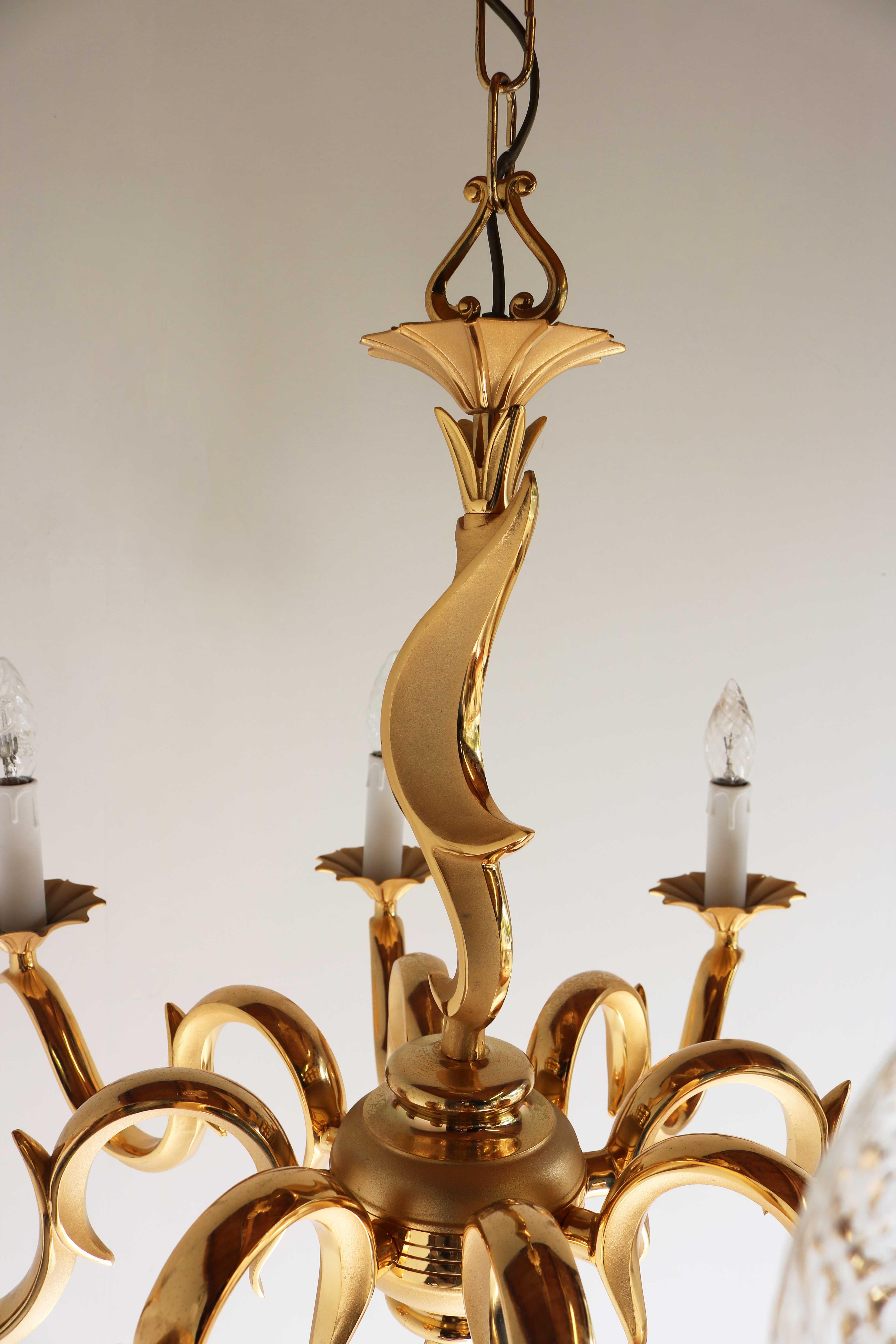 French Couple / Set Golden Chandeliers Hollywood Regency Style Metal/ Brass 1970 For Sale 15