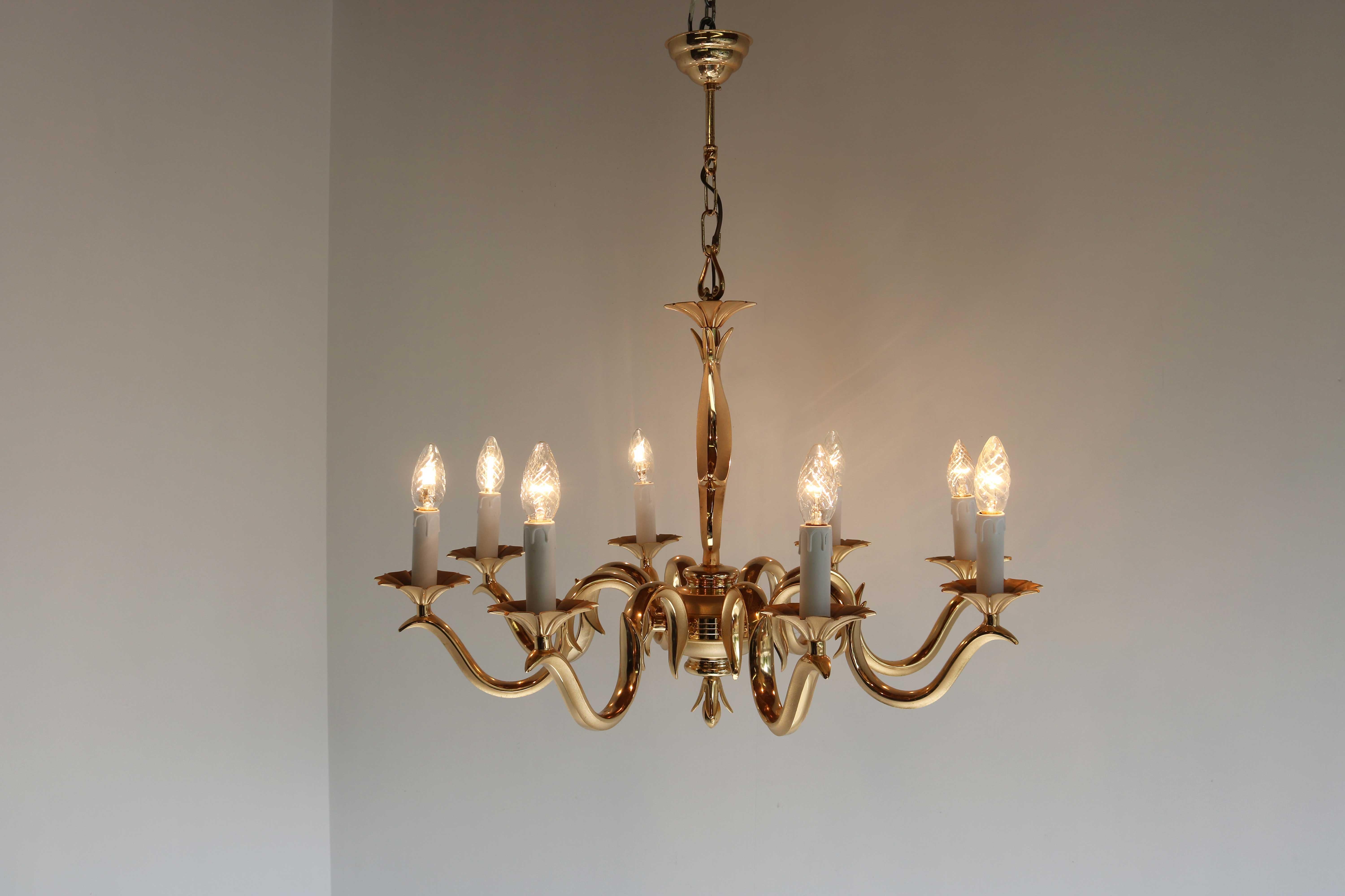 20th Century French Couple / Set Golden Chandeliers Hollywood Regency Style Metal/ Brass 1970 For Sale
