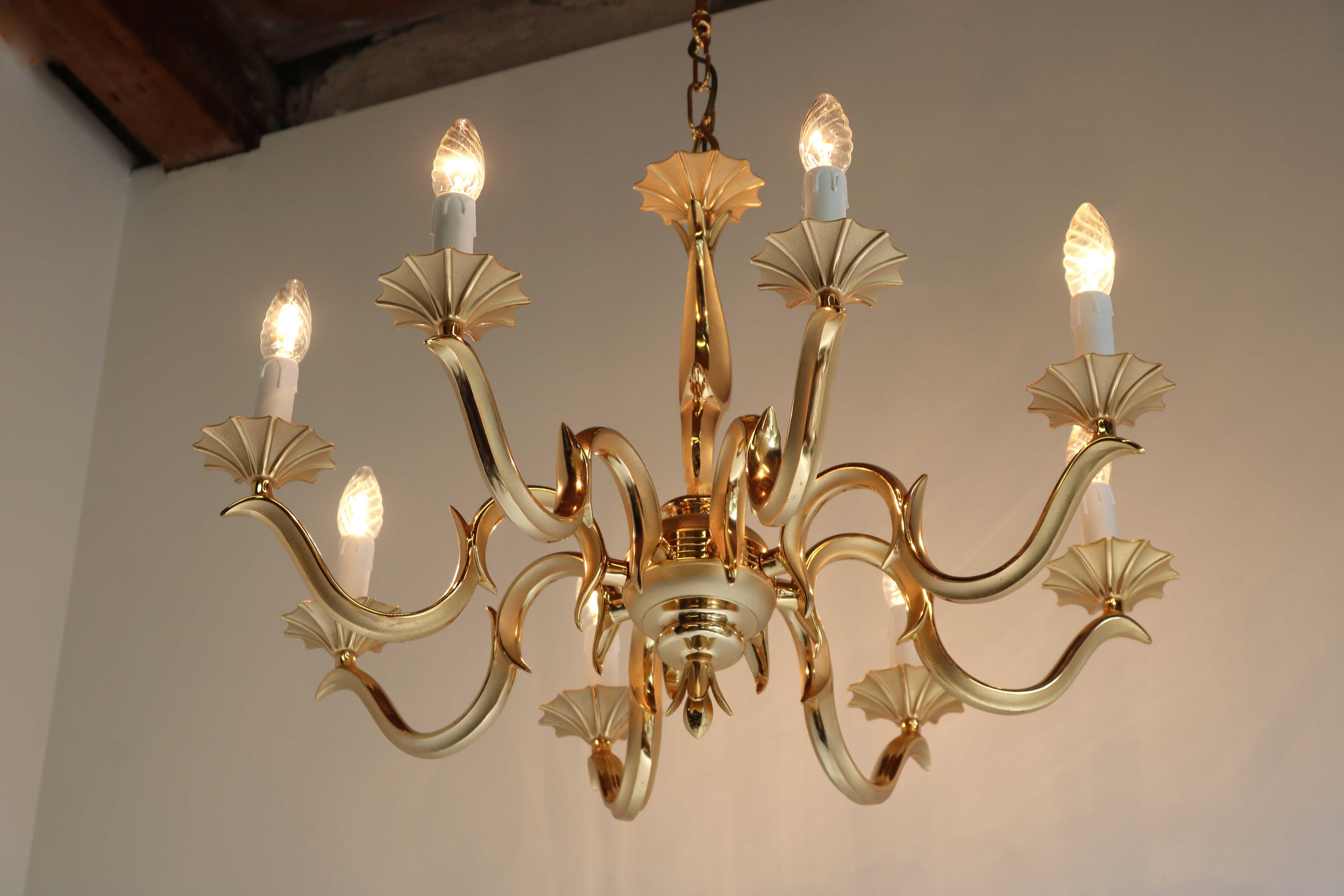 French Couple / Set Golden Chandeliers Hollywood Regency Style Metal/ Brass 1970 For Sale 2