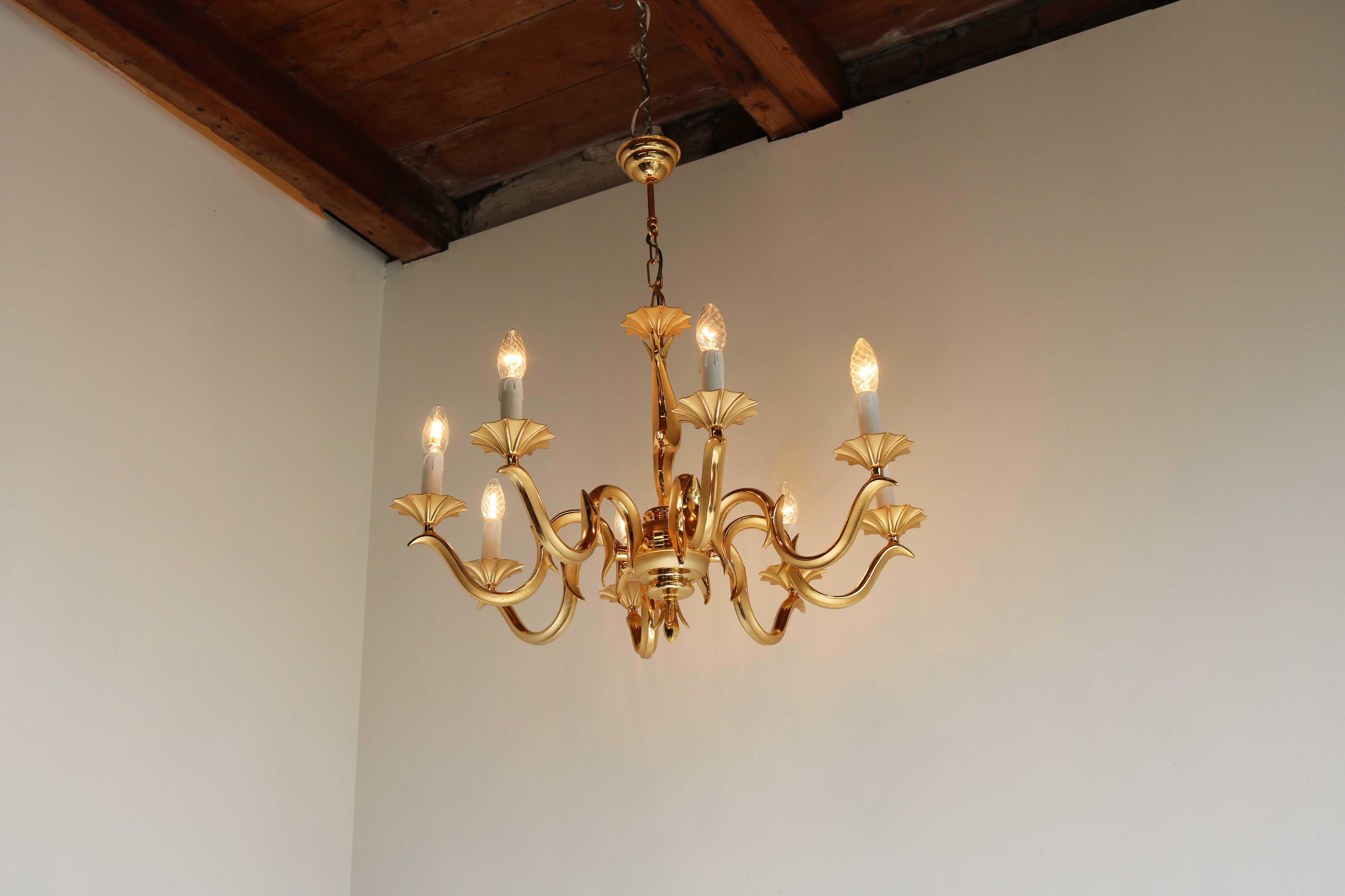French Couple / Set Golden Chandeliers Hollywood Regency Style Metal/ Brass 1970 For Sale 4