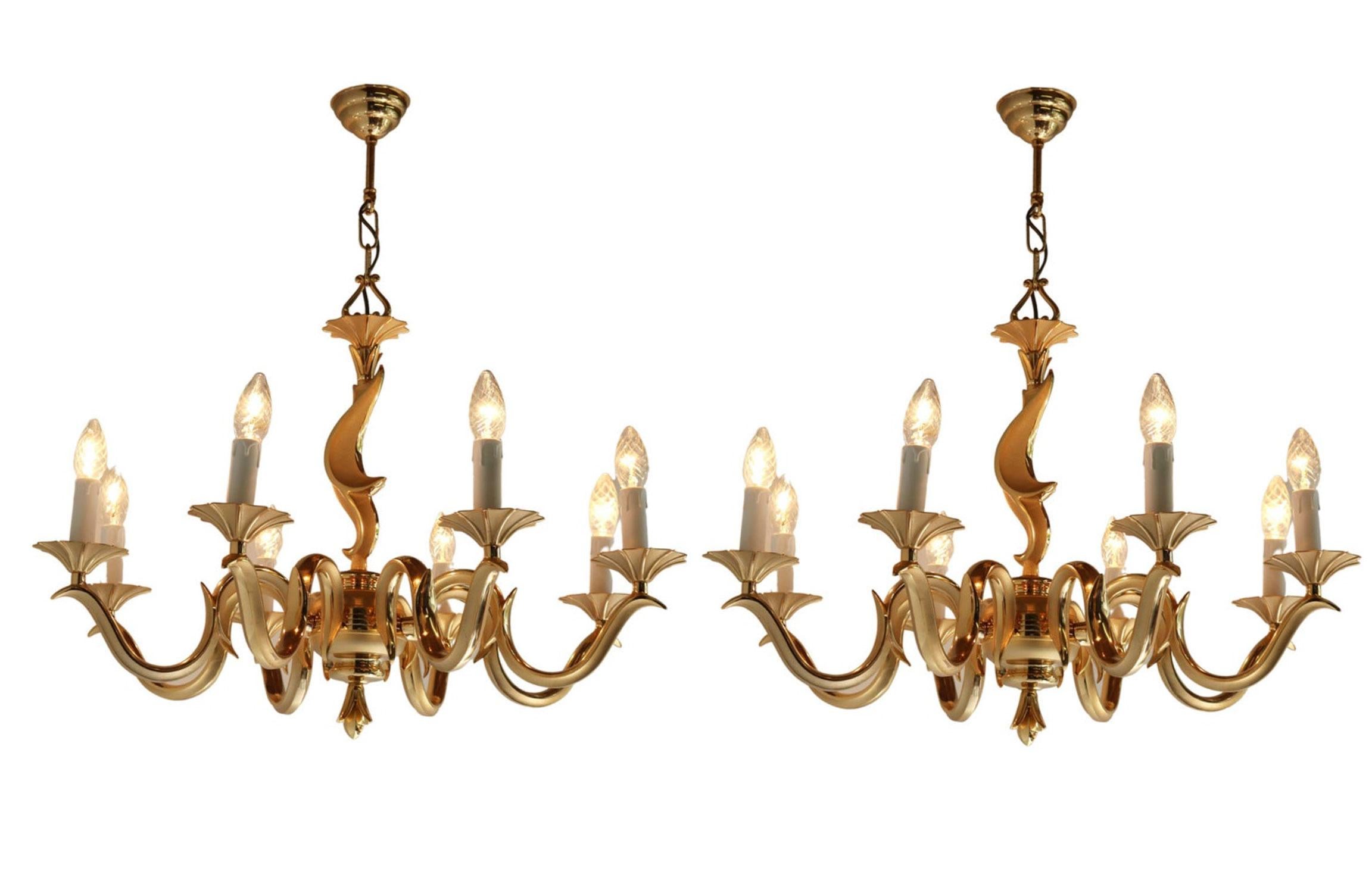 French Couple / Set Golden Chandeliers Hollywood Regency Style Metal/ Brass 1970 For Sale