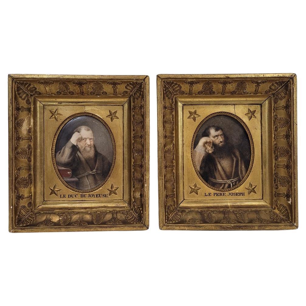 Pareja francesa Grabados en acuarela "Le duc de Joyeuse" y "Le pere Joseph" en venta