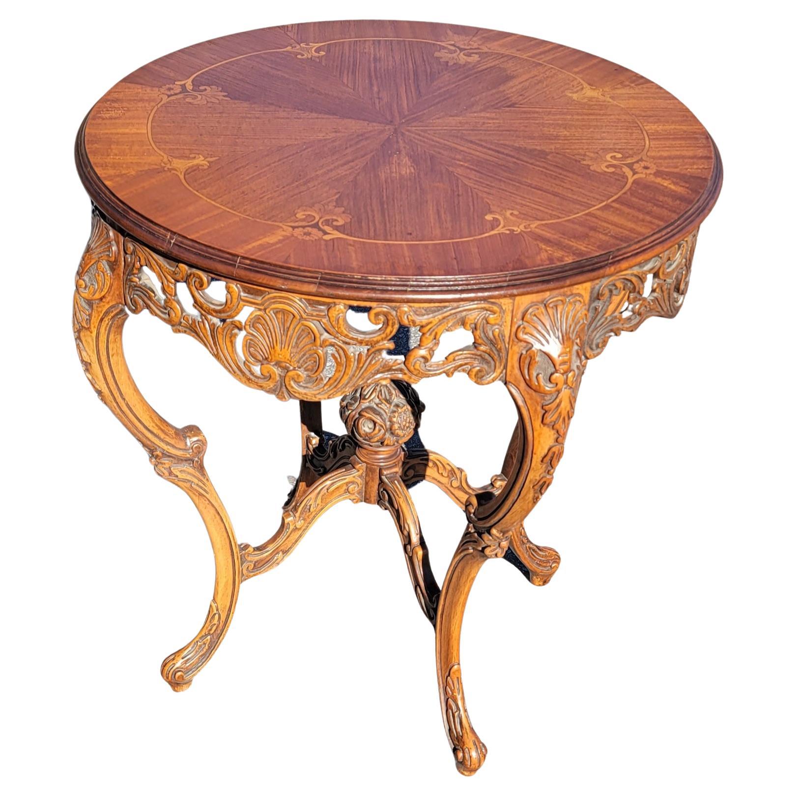 American French Court Galleries By Tonk Carved Mahogany and Marquetry Center Table  For Sale