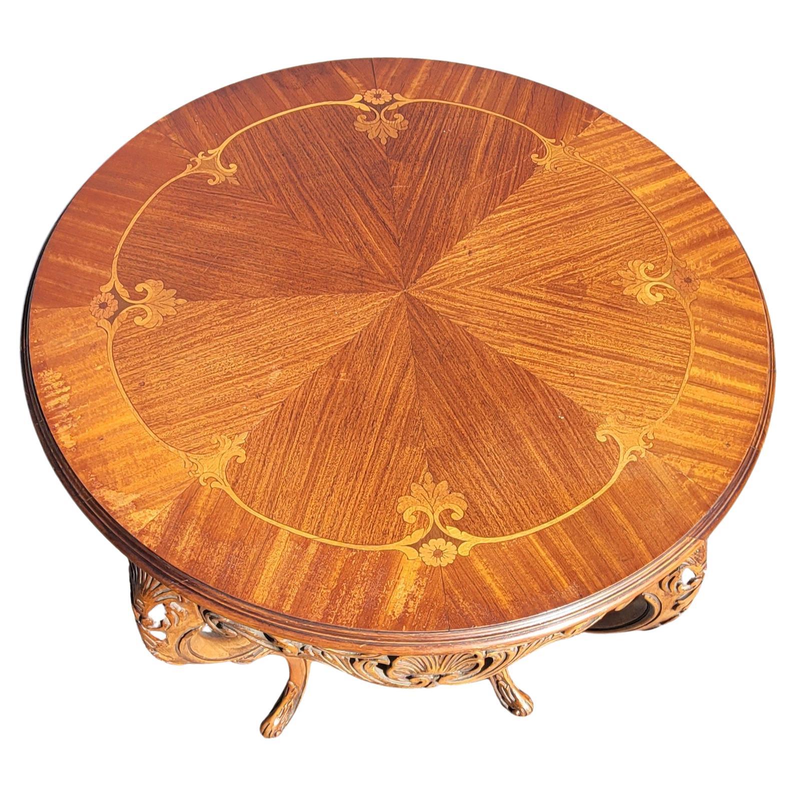 French Court Galleries By Tonk Carved Mahogany and Marquetry Center Table  In Good Condition For Sale In Germantown, MD