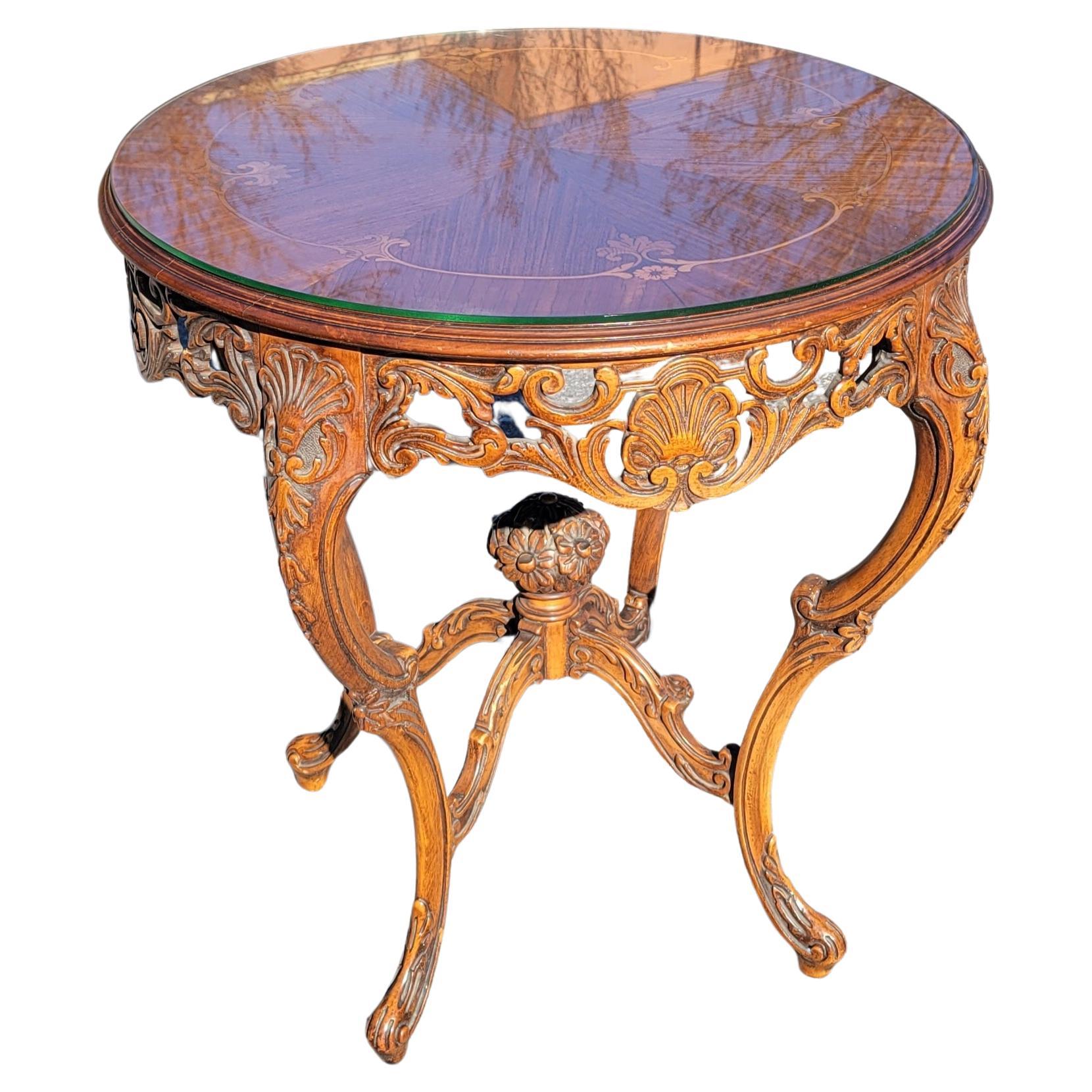 French Court Galleries By Tonk Carved Mahogany and Marquetry Center Table  For Sale